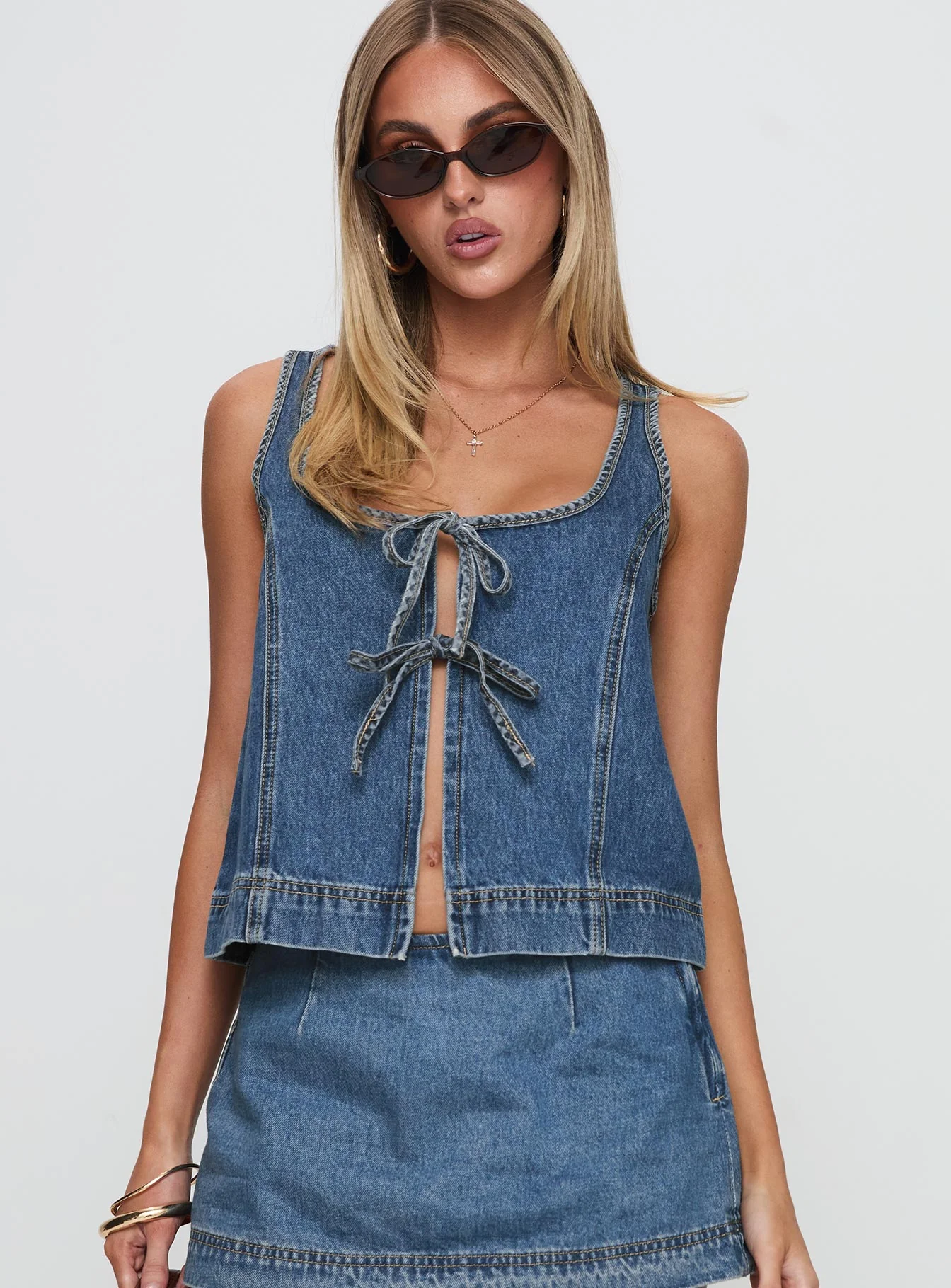 Stefenie Denim Tie Top Mid Wash
