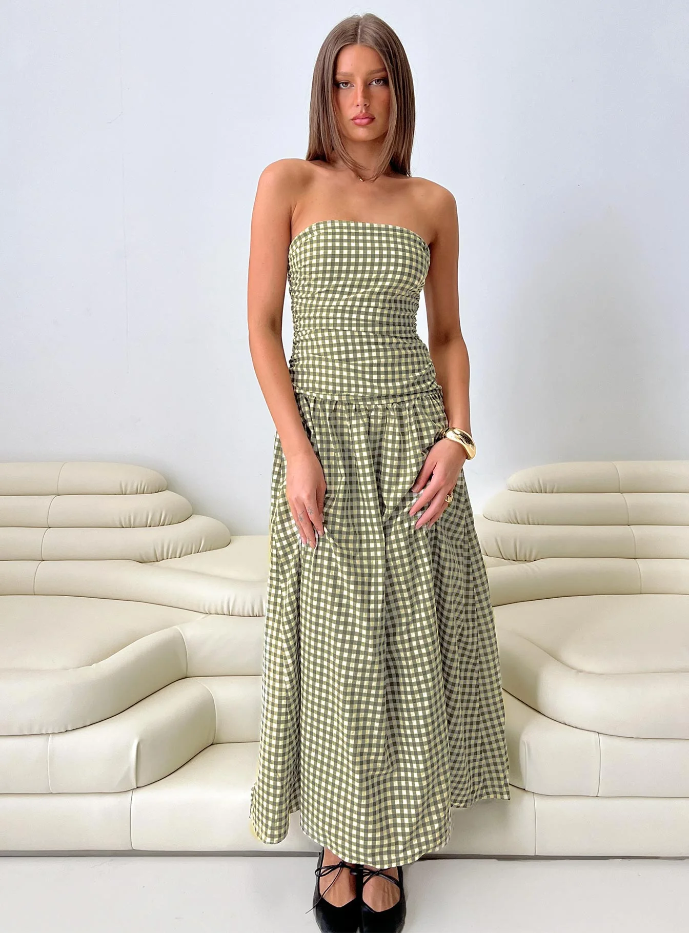 Frankey Strapless Drop Waist Maxi Dress Green Check