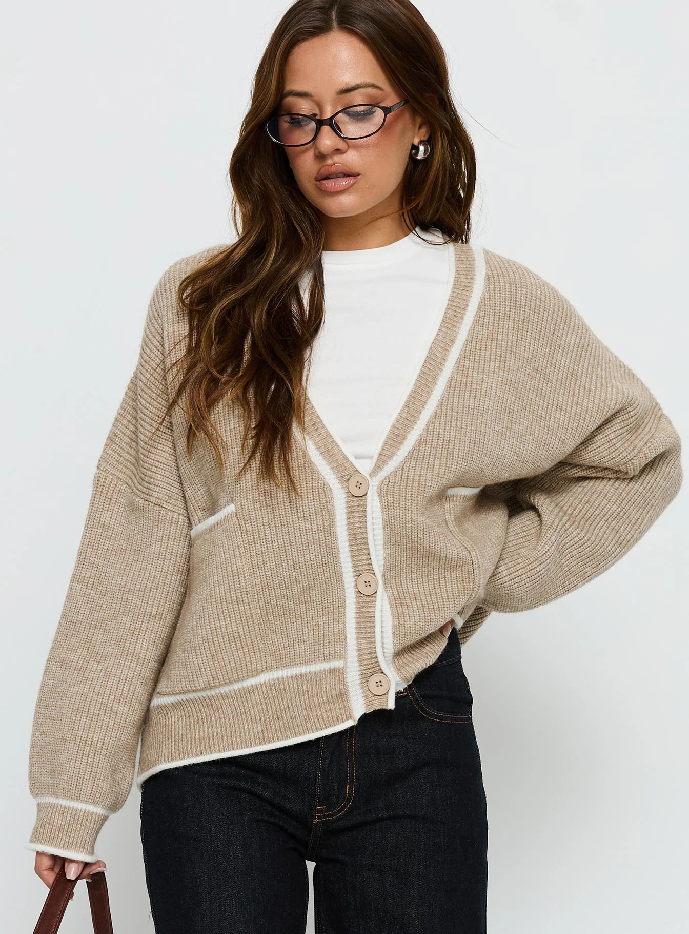 Cressara Contrast Knit Cardigan Beige / White