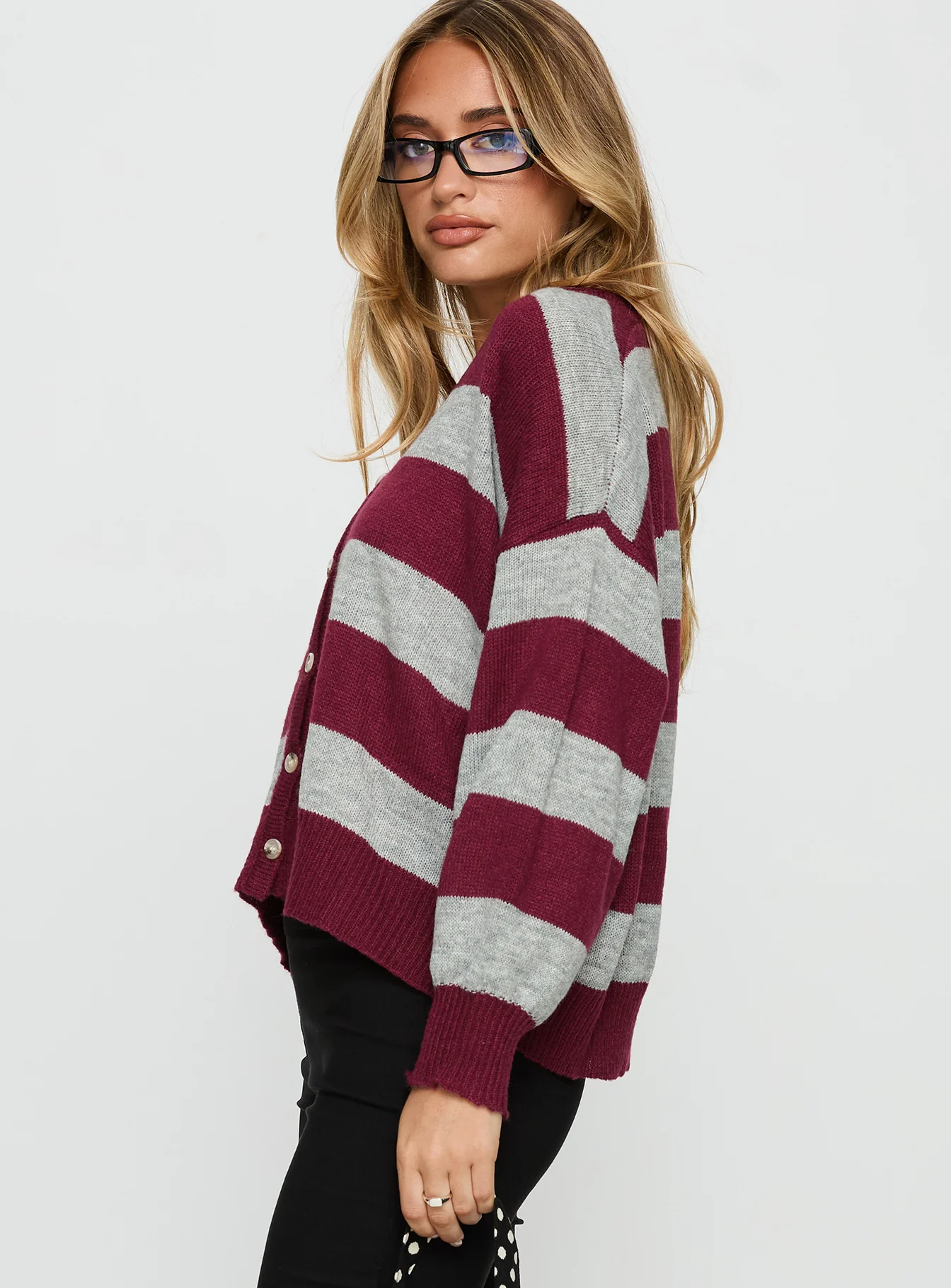 Devvon V Neck Knit Cardigan Red Stripe