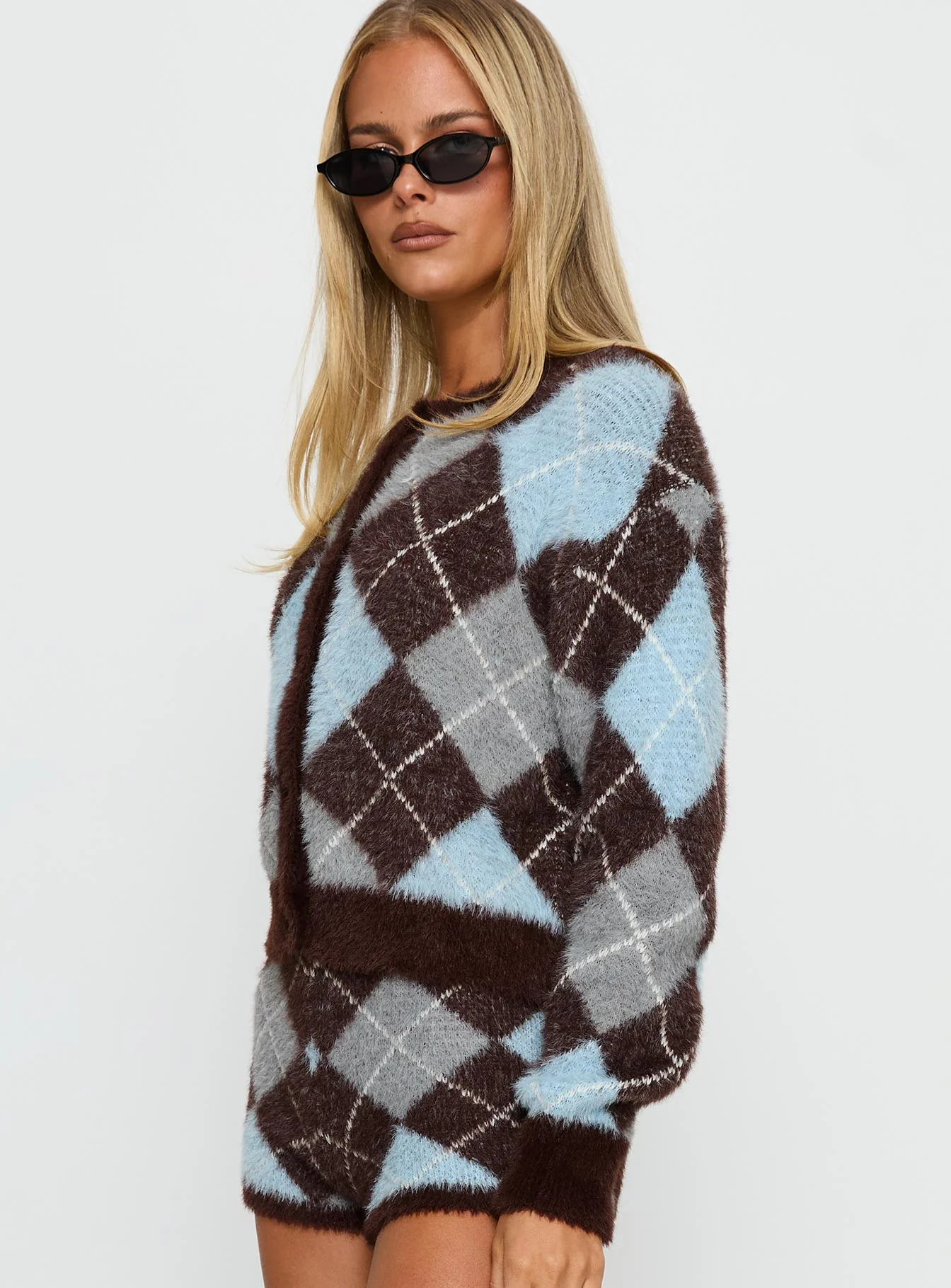 Kenlea Button Up Cardigan Blue Argyle