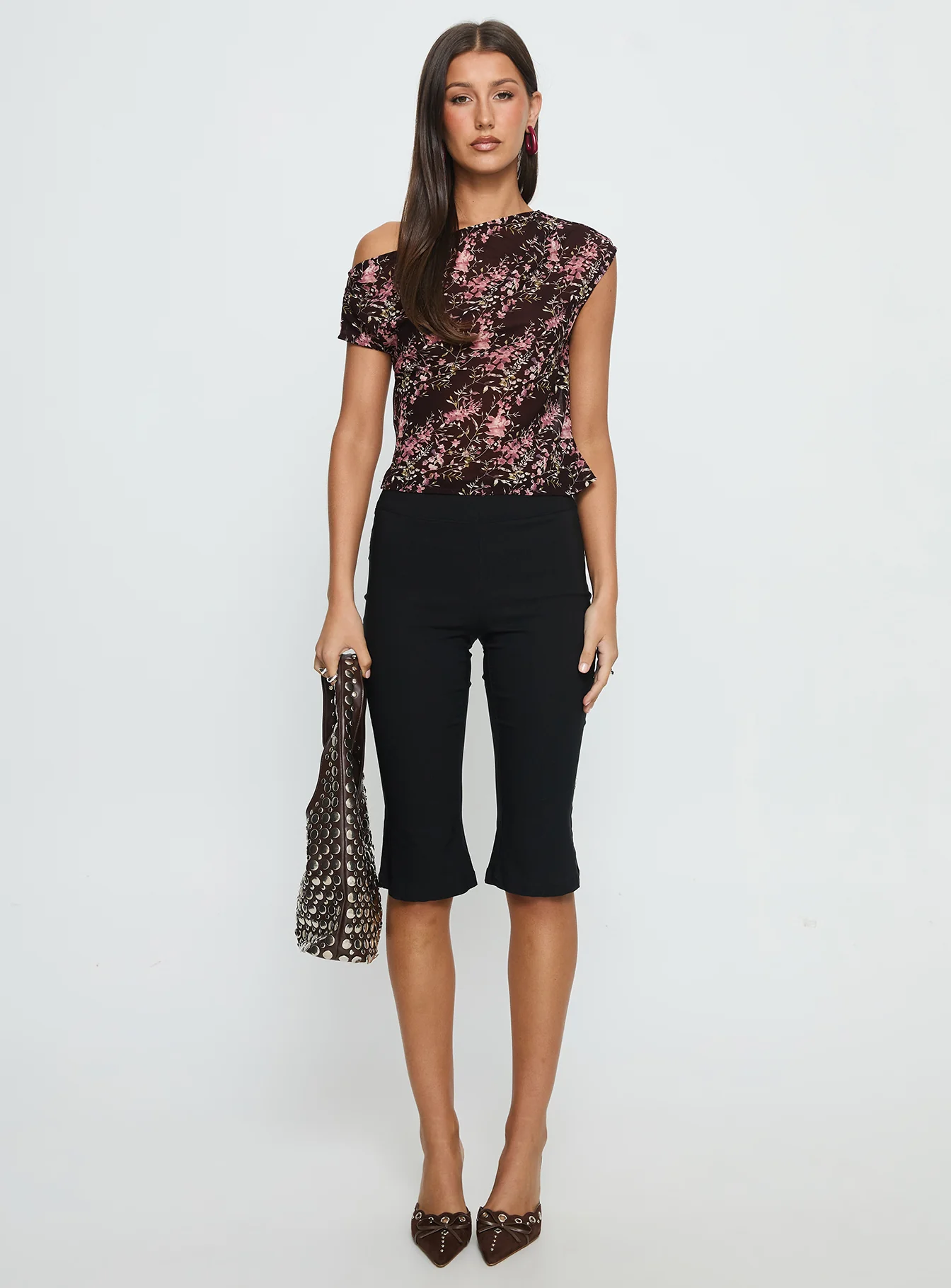 Justyna Sheer Top Off Shoulder Top Brown / Pink Floral