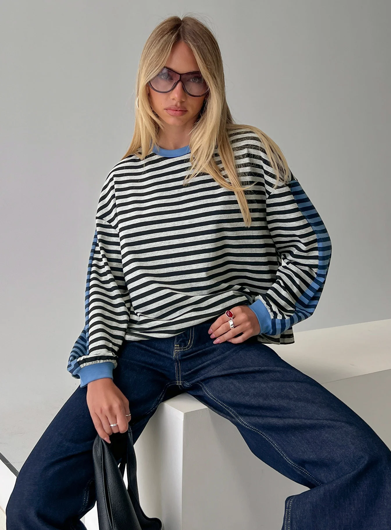 Taysha Long Sleeve Top Black / Grey Stripe