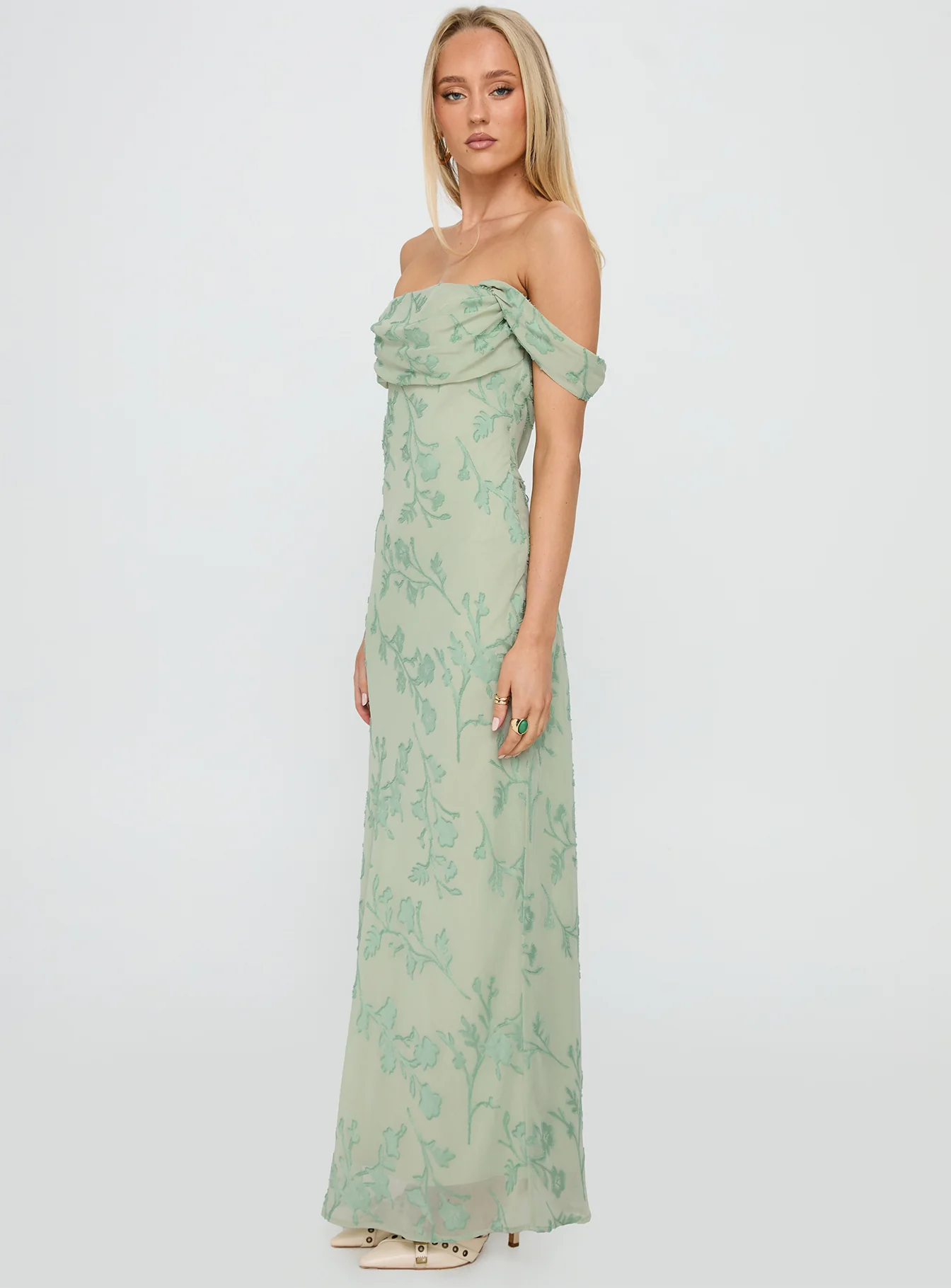 Azura Off The Shoulder Maxi Dress Green Burnout
