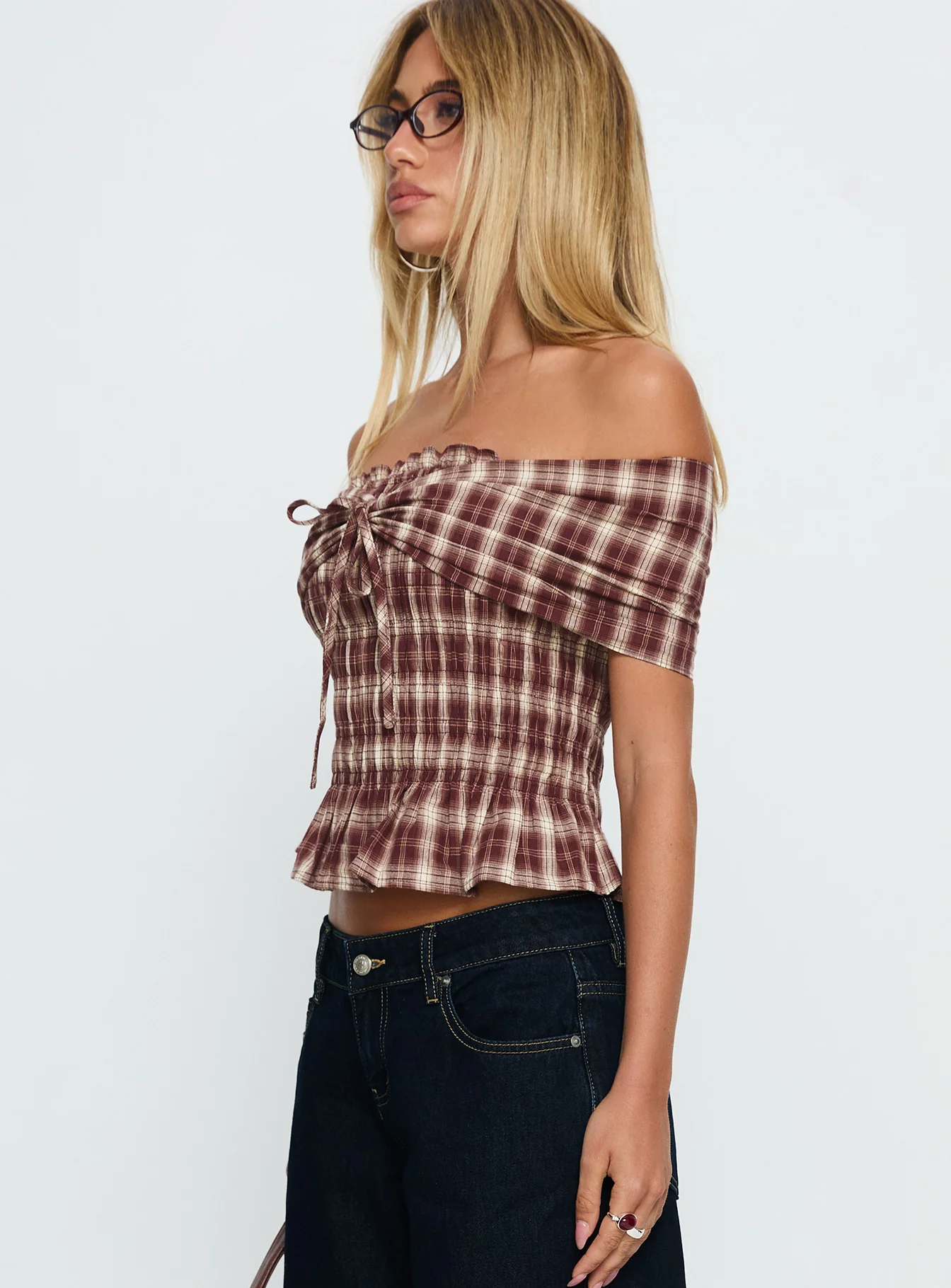 Avalynn Off Shoulder Shirred Top Brown Check