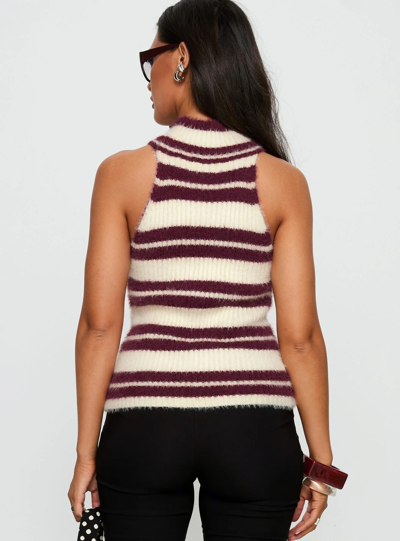 Heide High Neck Fluffy Top Burgundy Stripe