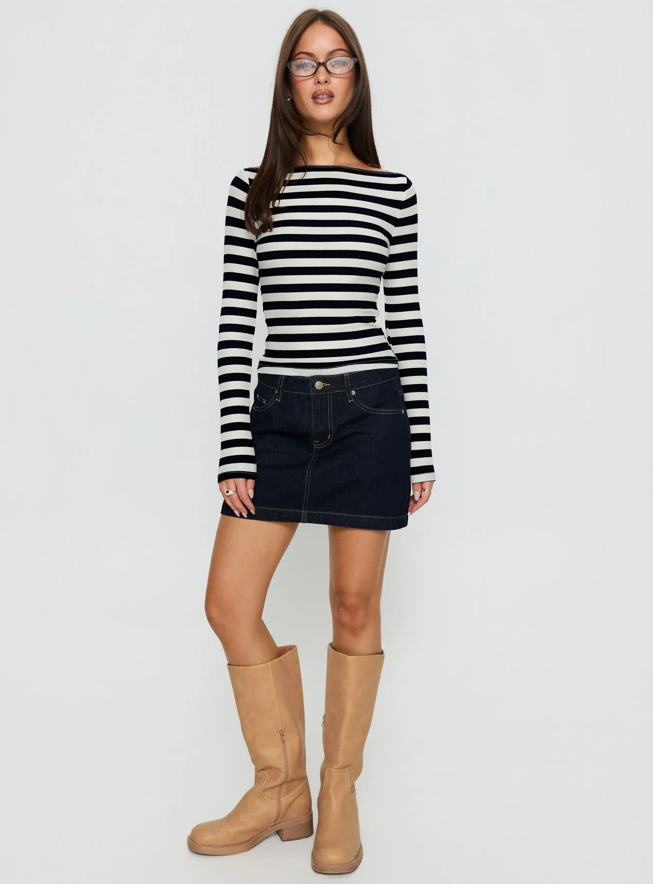 Tashana Long Sleeve Off Shoulder Top Navy Stripe
