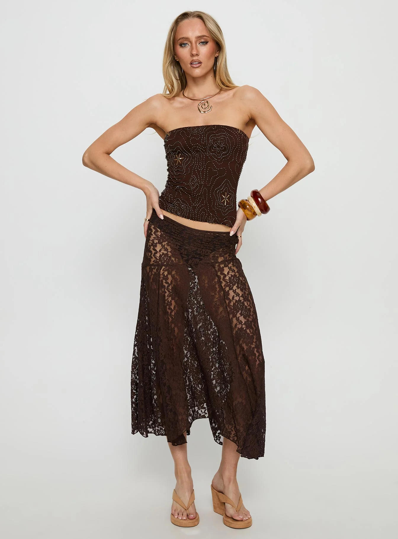 Vania Bead Detail Strapless Top Chocolate