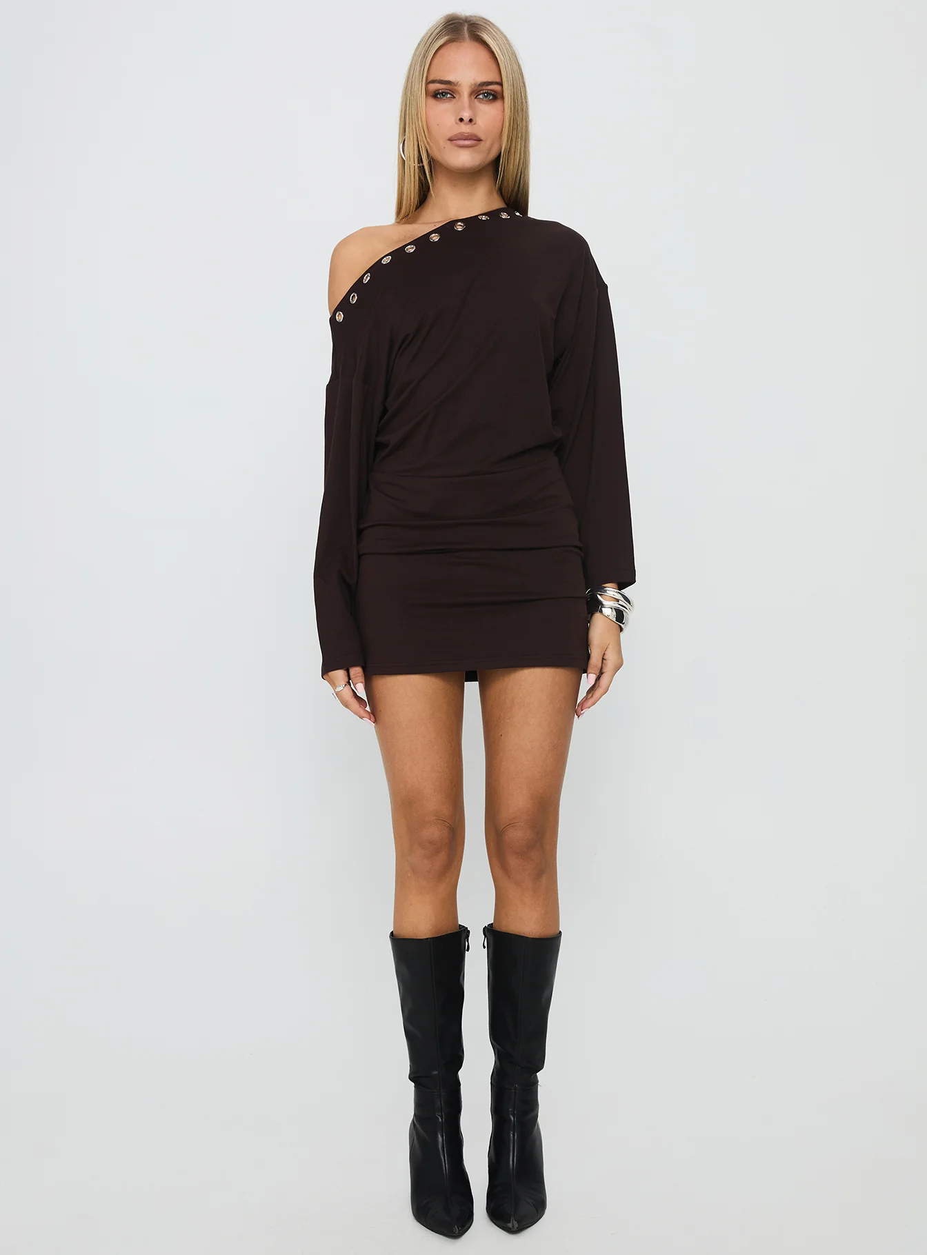 Sakaia Long Sleeve Eyelet Mini Dress Brown
