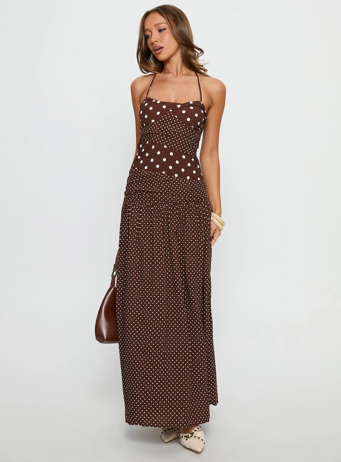 Marguerite Halter Maxi Dress Brown Polka Dot