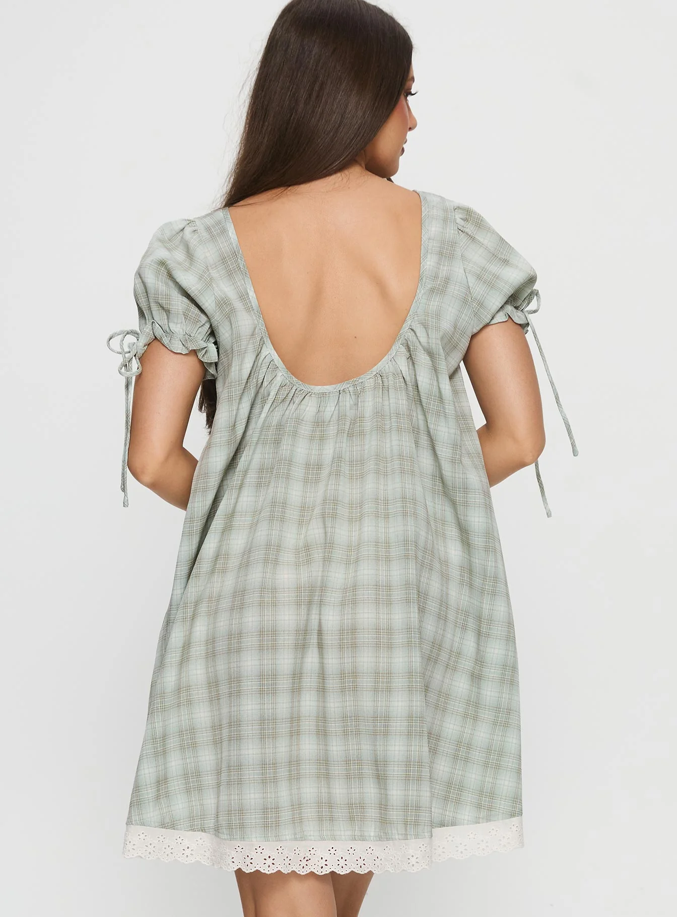 Embracing Puff Sleeve Swing Mini Dress Blue Check