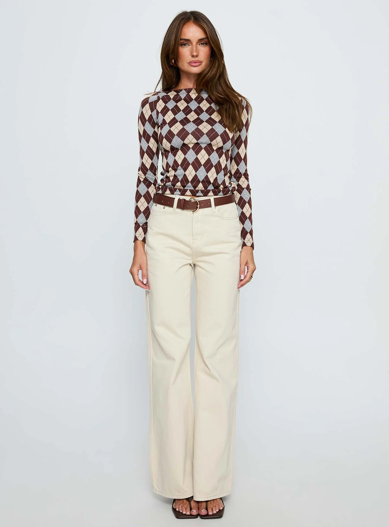 Shonna Boat Neck Long Sleeve Top Argyle