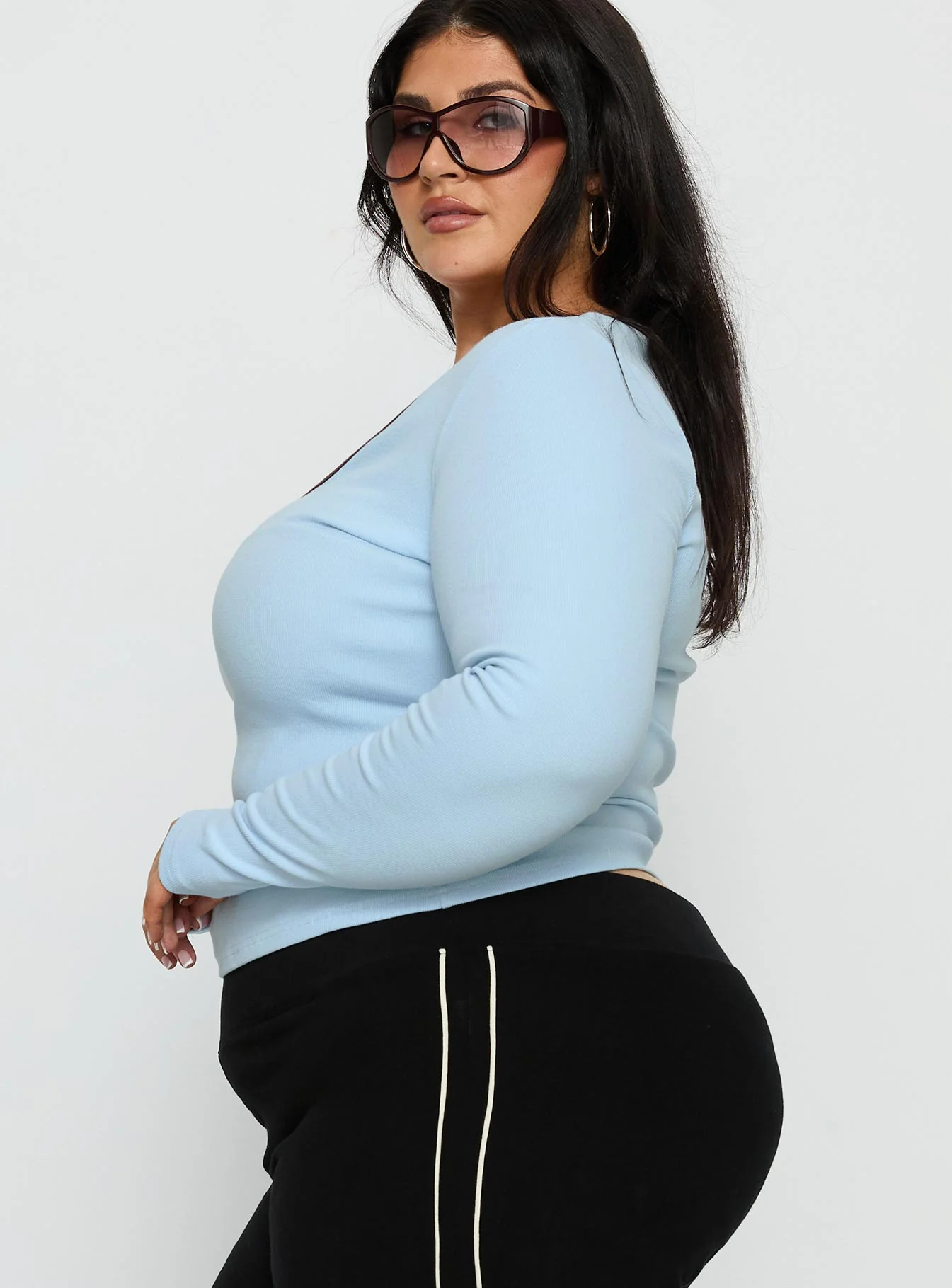 Baseline V Neck Long Sleeve Top Blue / Brown Curve