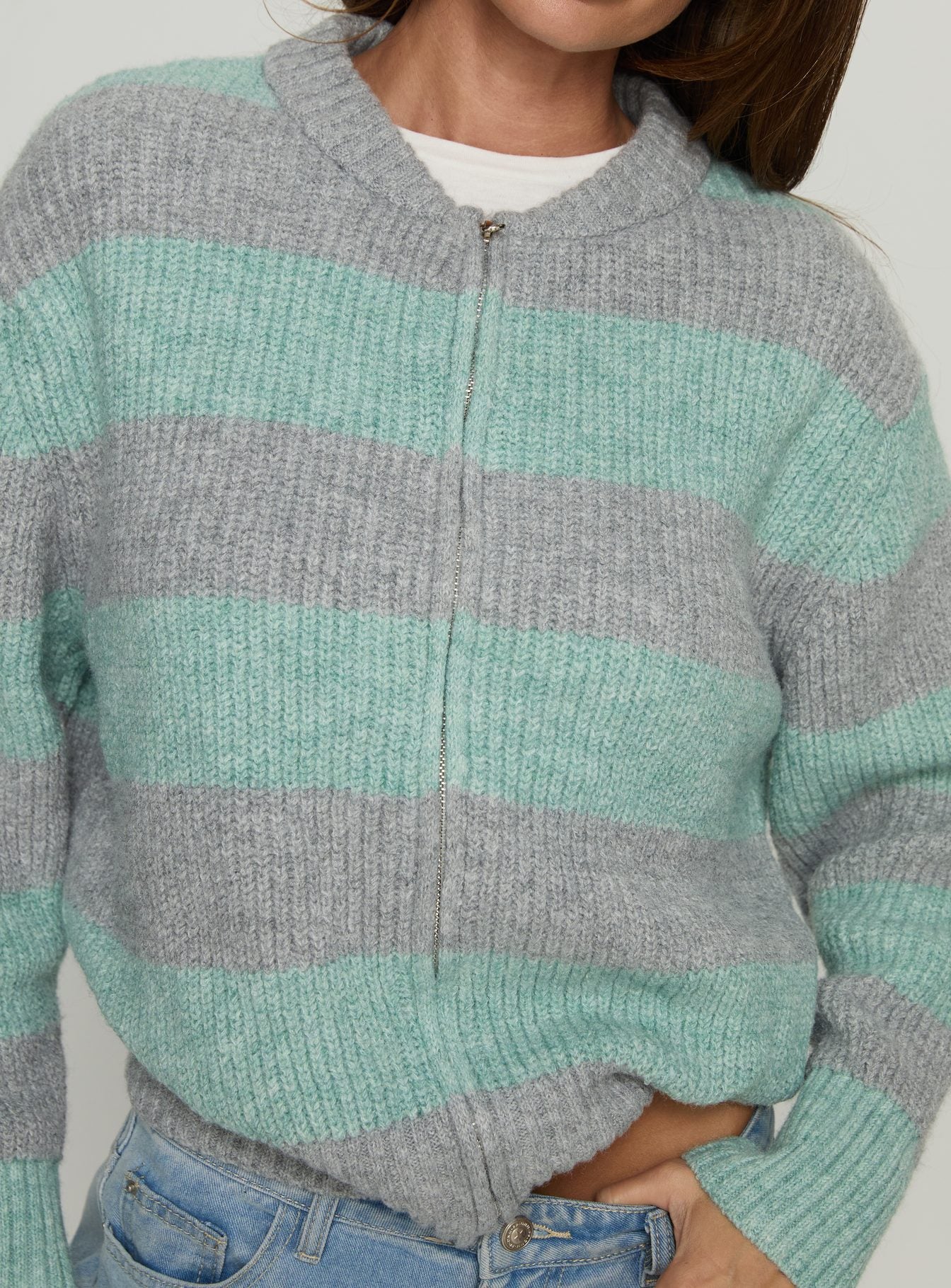 Queena Zip Through Knit Sweater Grey / Blue Stripe