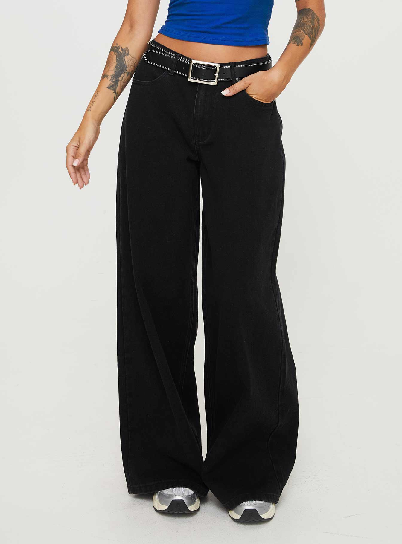 Naylor Mid Rise Wide Leg Jeans Washed Black Denim
