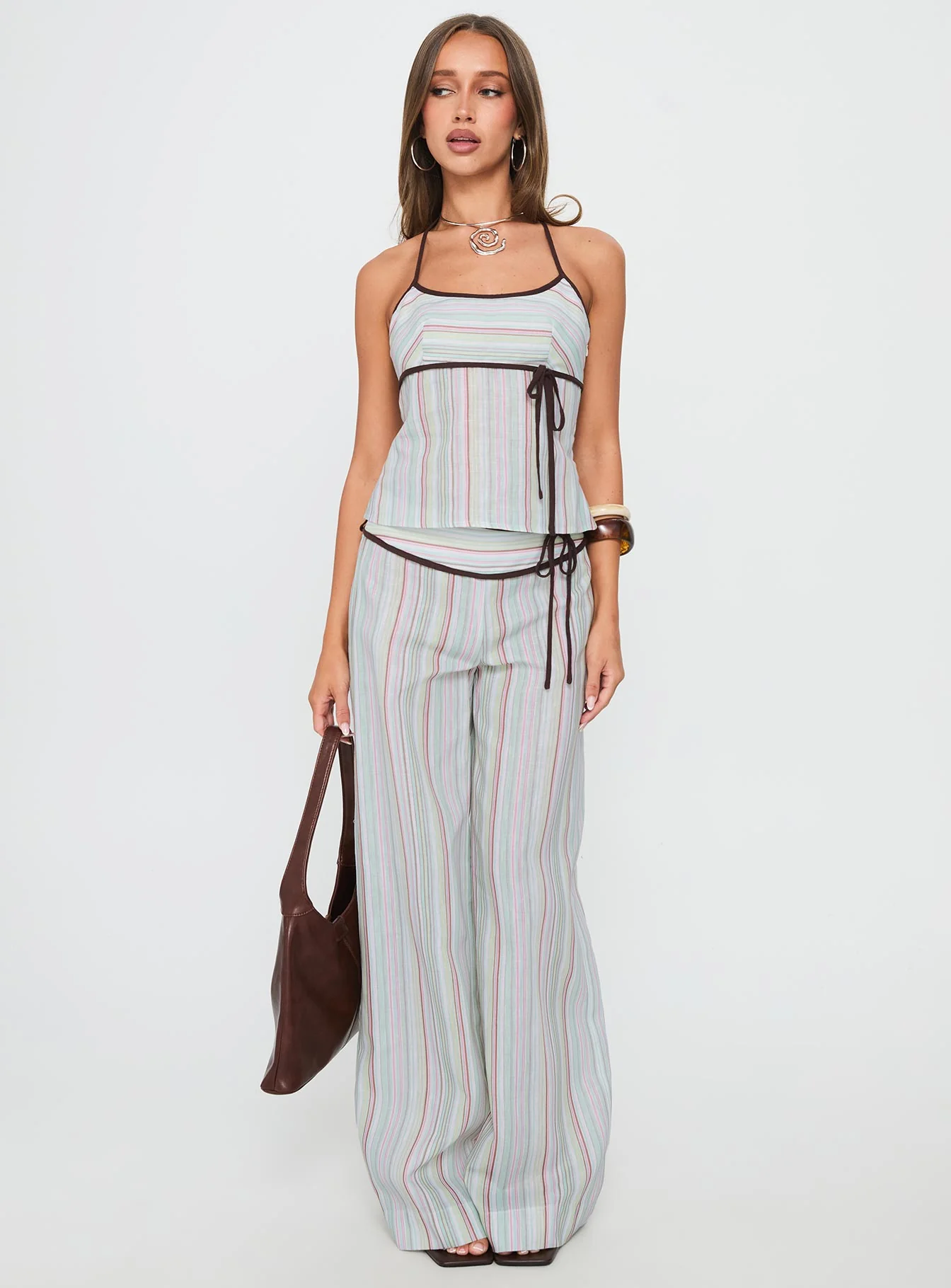 Taylar Thick Waistband Tie Pants Green Stripe