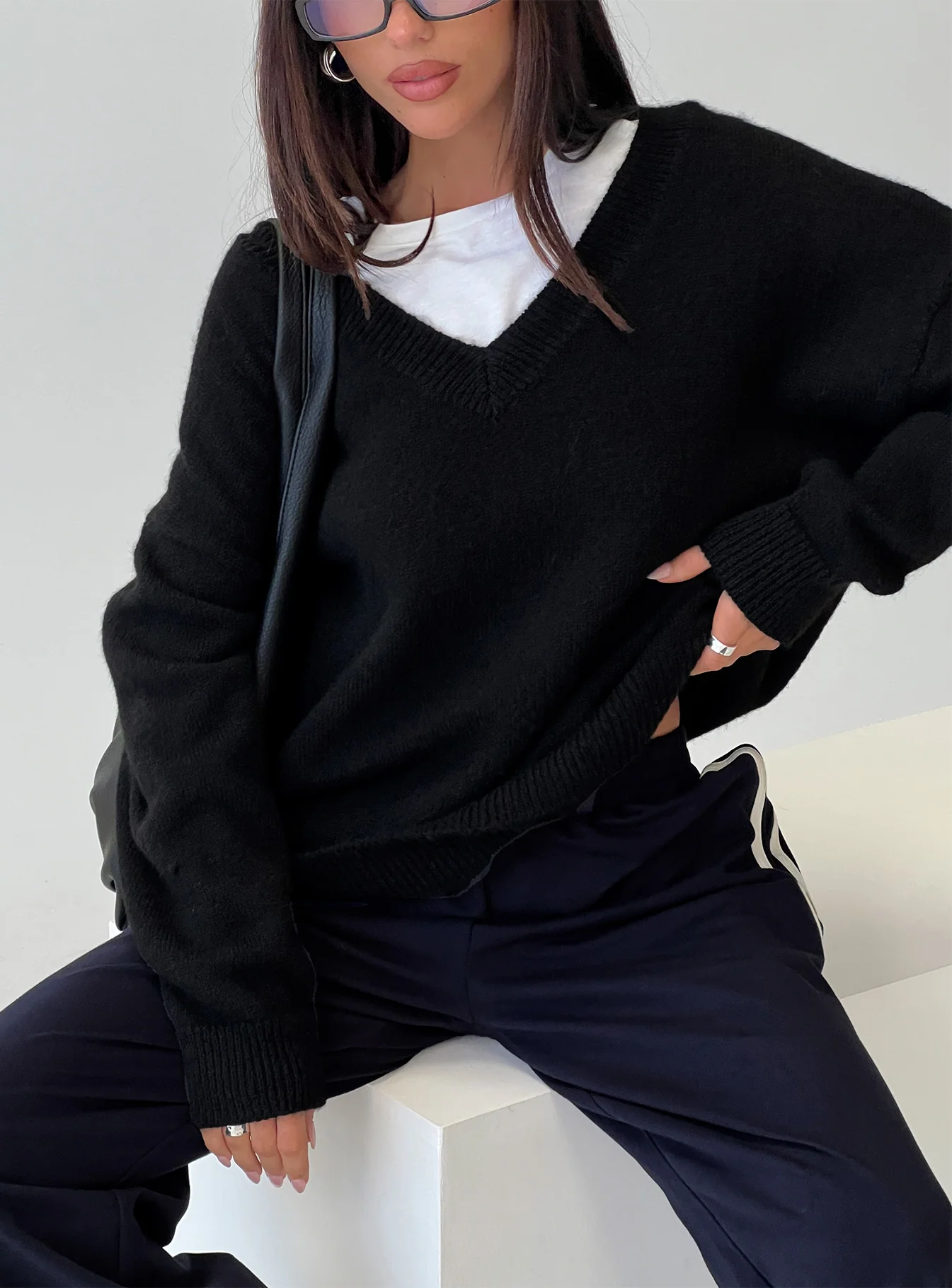 Stay The Night V Neck Knit Sweater Black