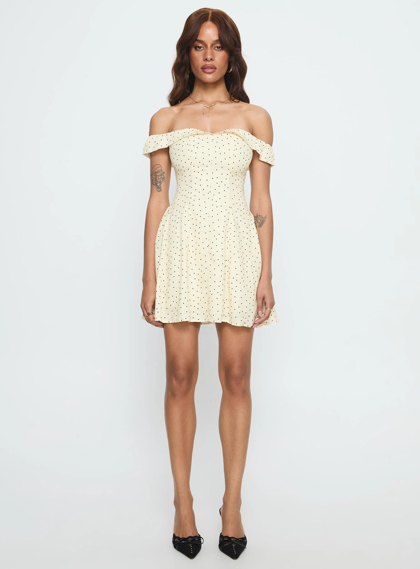 Rosebud Off The Shoulder Mini Dress Yellow / Polka Dot
