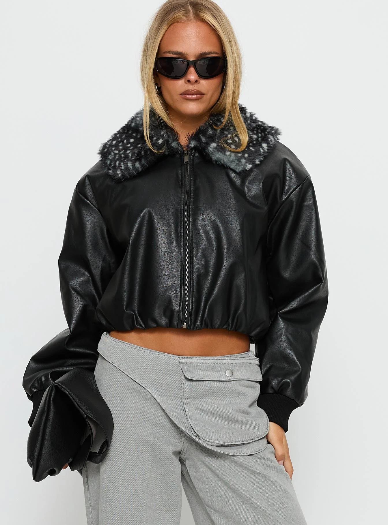 Koemi Faux Leather Collared Jacket Black