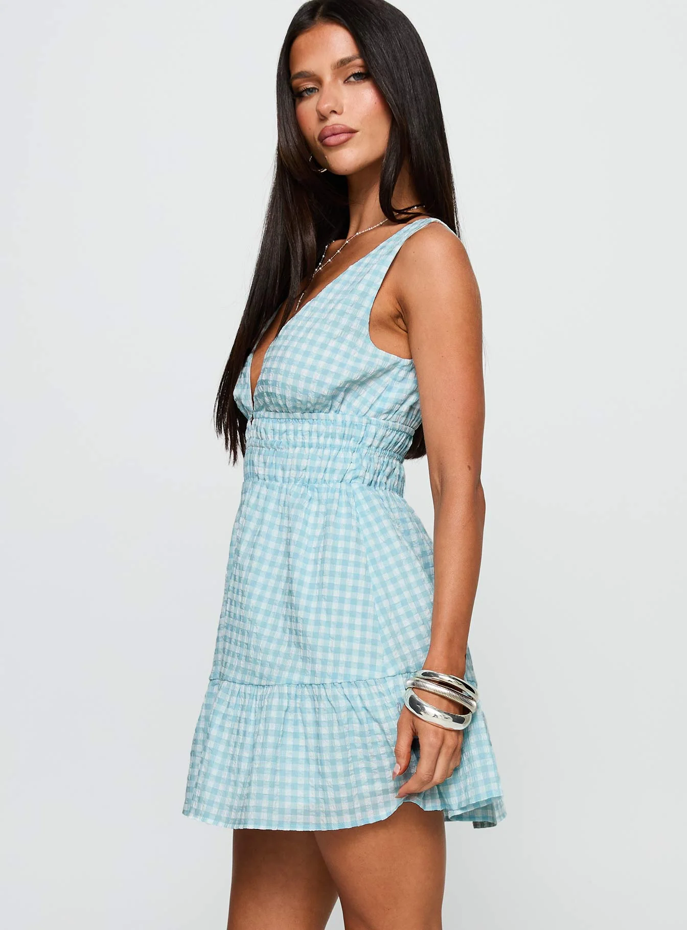 Ismena Plunge Mini Dress Blue Check
