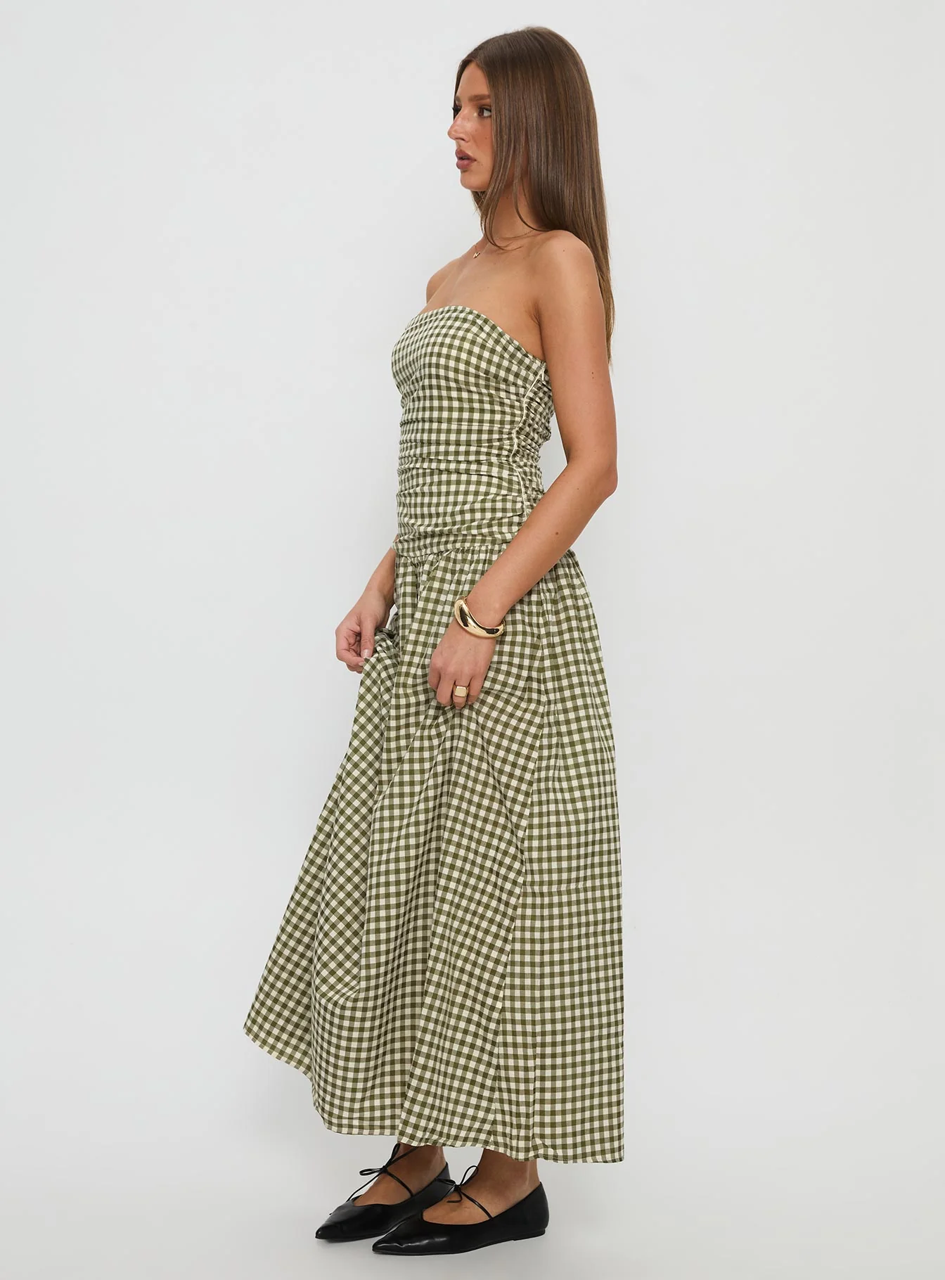 Frankey Strapless Drop Waist Maxi Dress Green Check