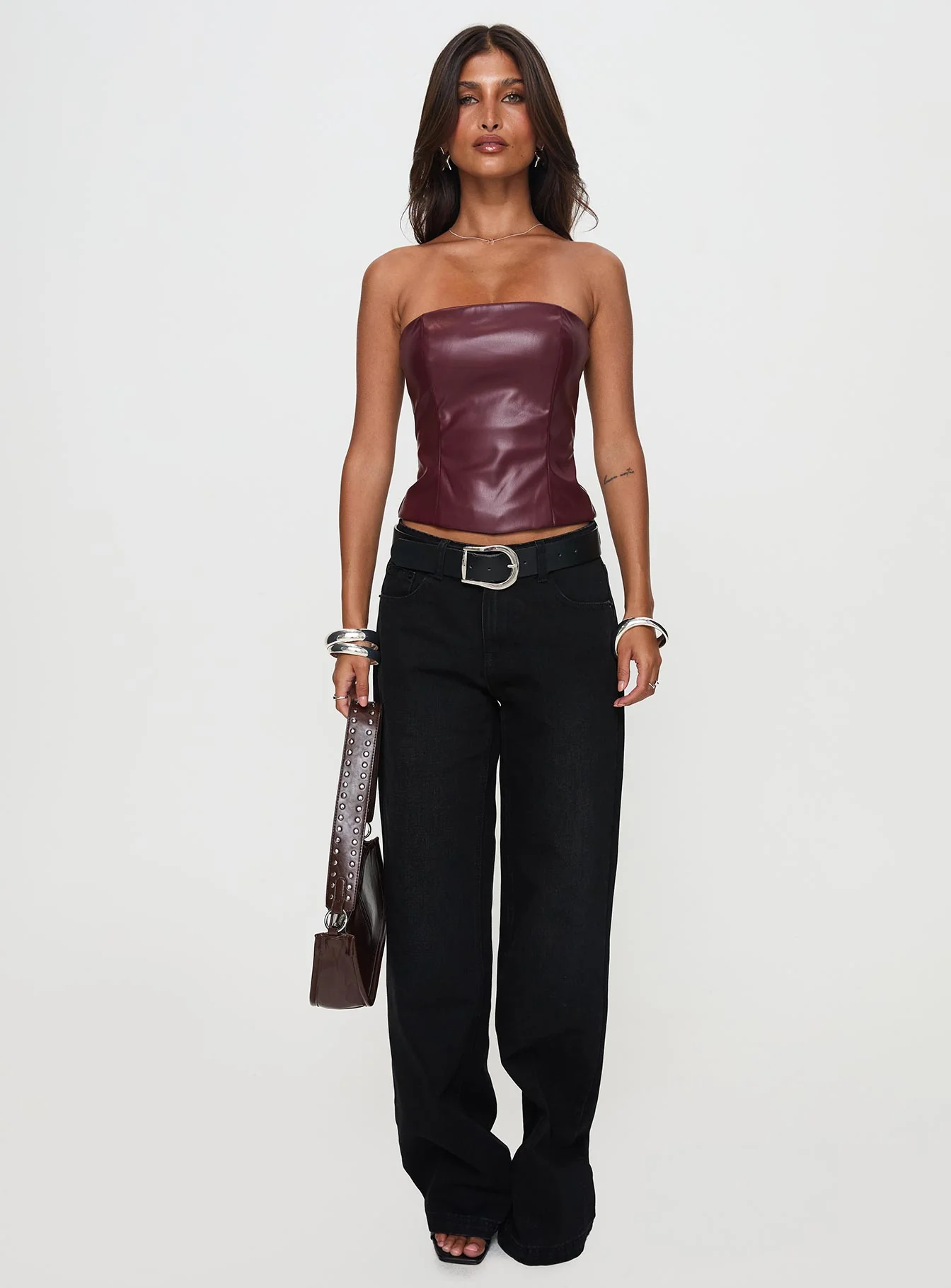 Oaklee Strapless Faux Leather Top Burgundy
