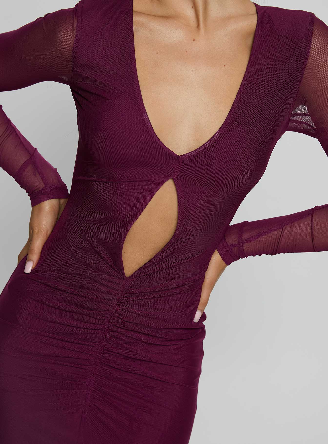 Darkside Long Sleeve Cut Out Plunge Maxi Dress Plum