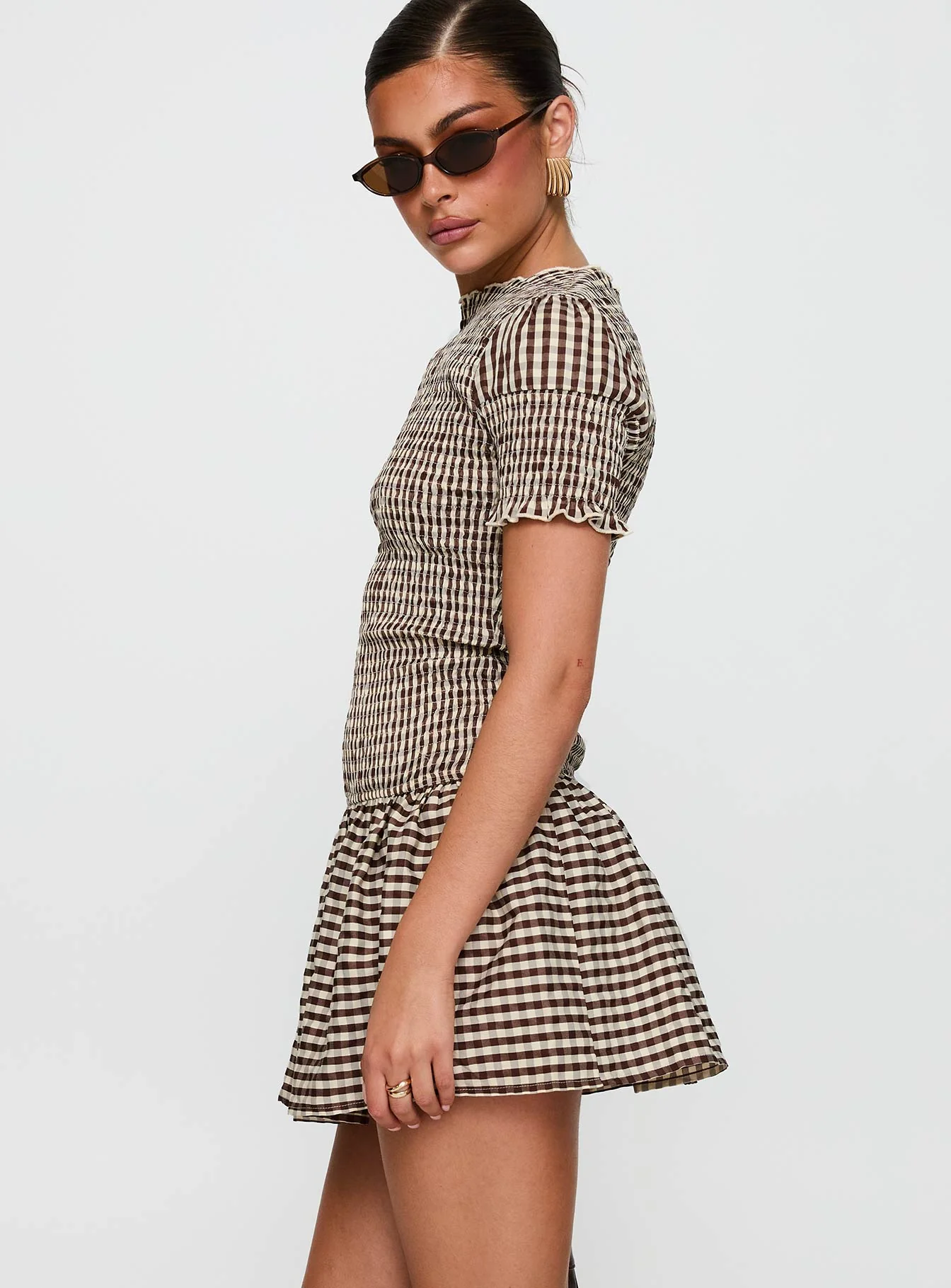 Laurita Shirred Mini Dress Brown Check