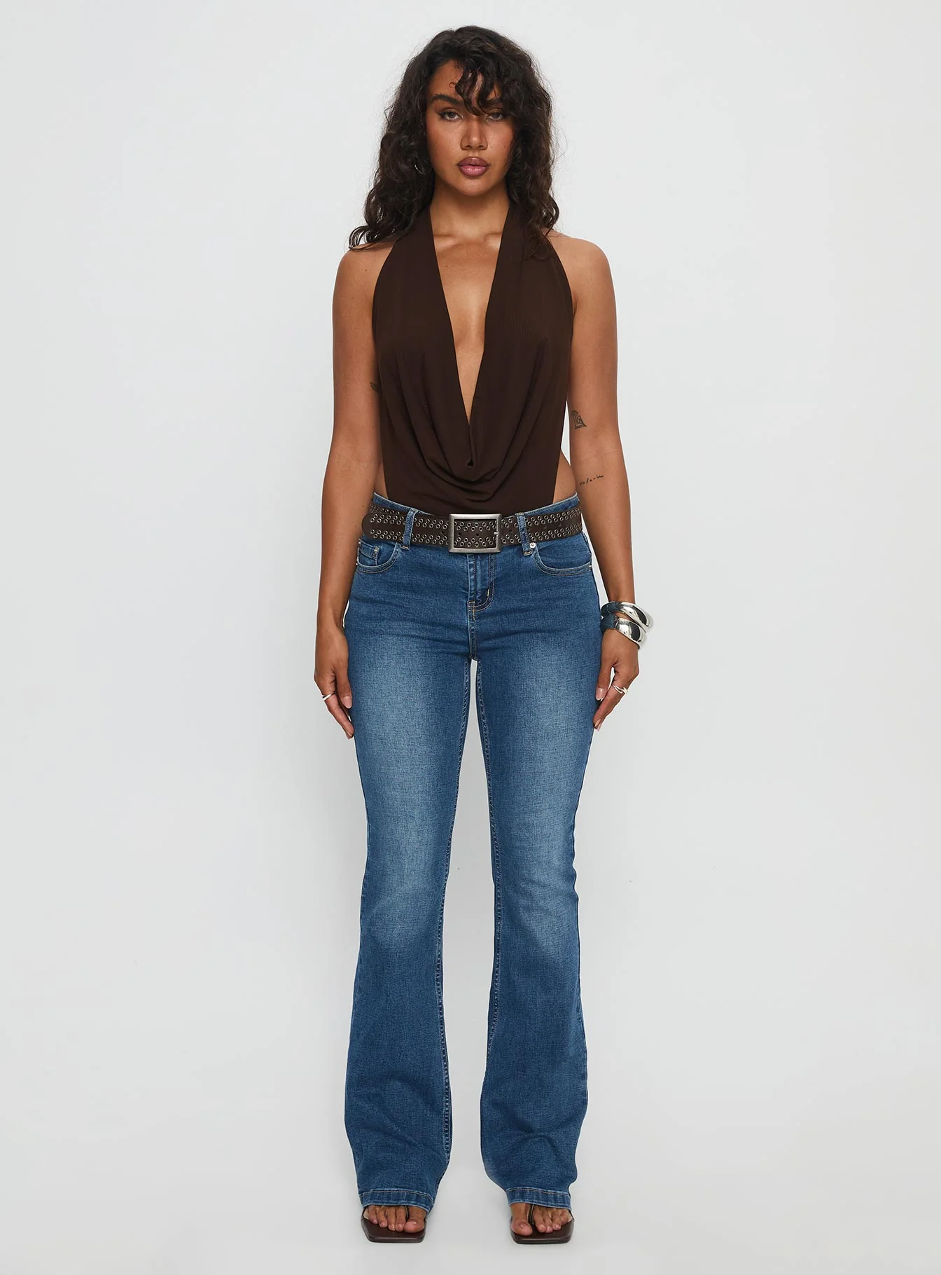 Quinna Plunge Neck Backless Bodysuit Chocolate