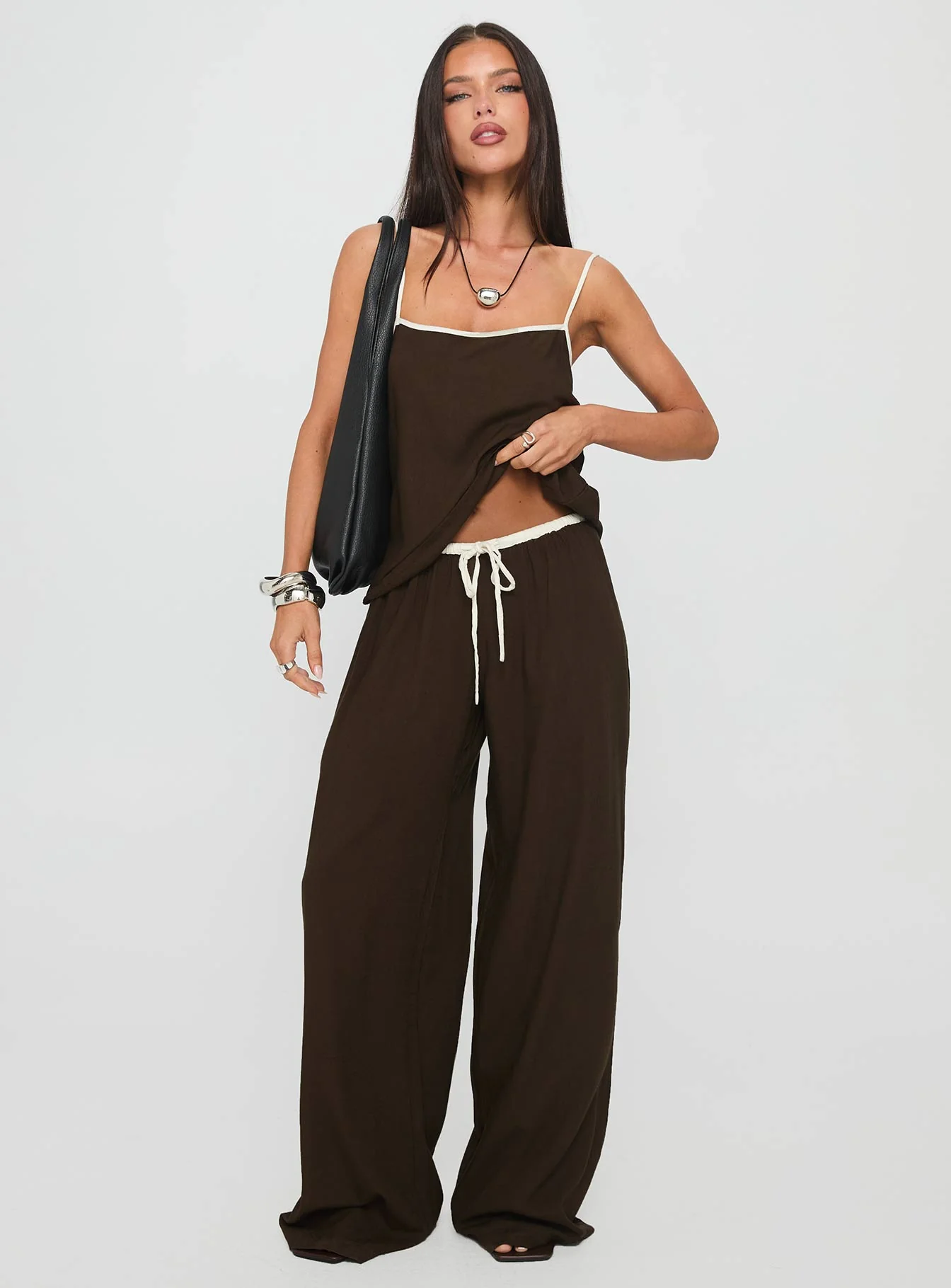 Nolei Contrast Pant Set Chocolate / White
