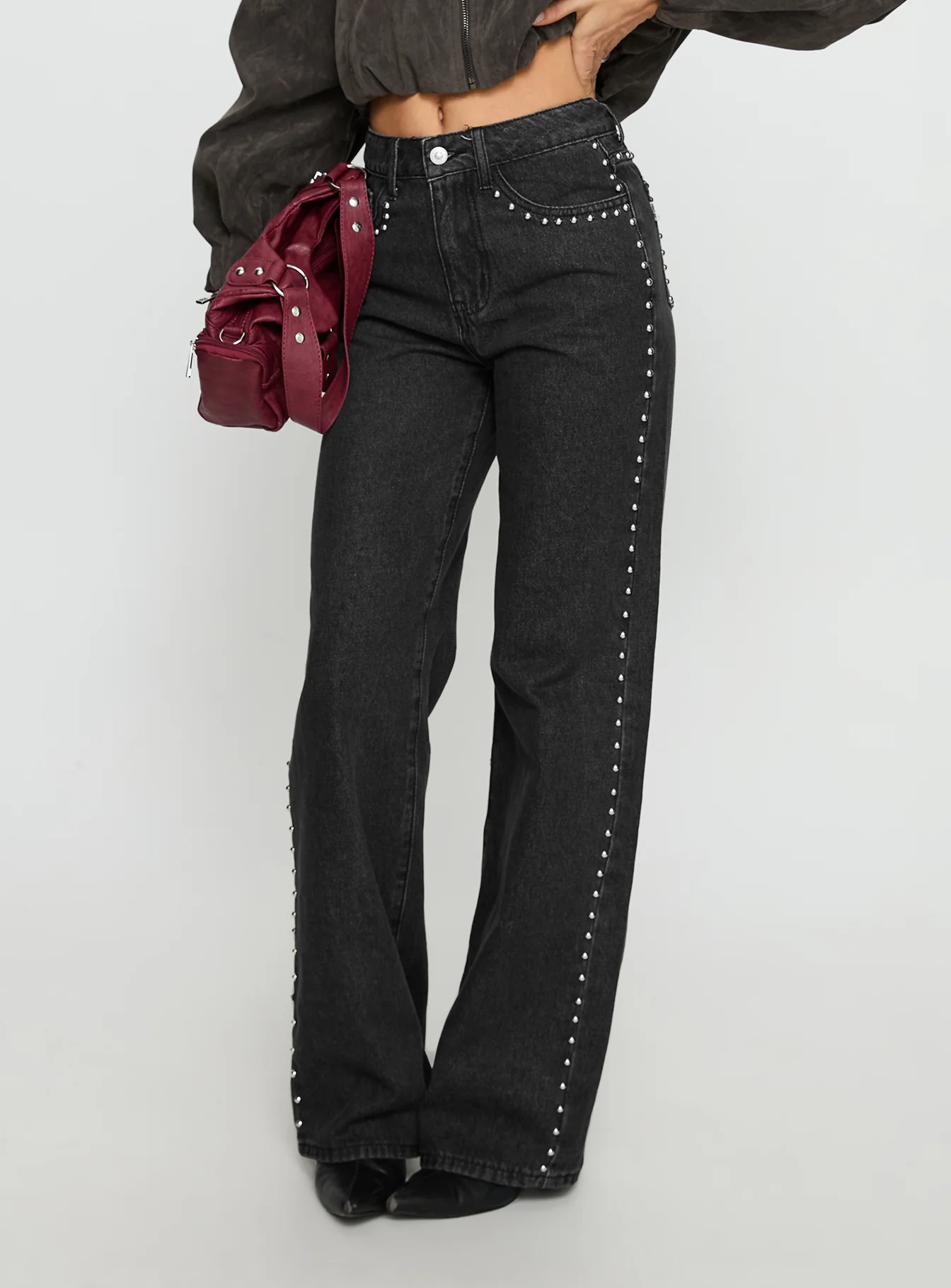 Saving Up Mid Rise Straight Leg Studded Jeans Jet Black