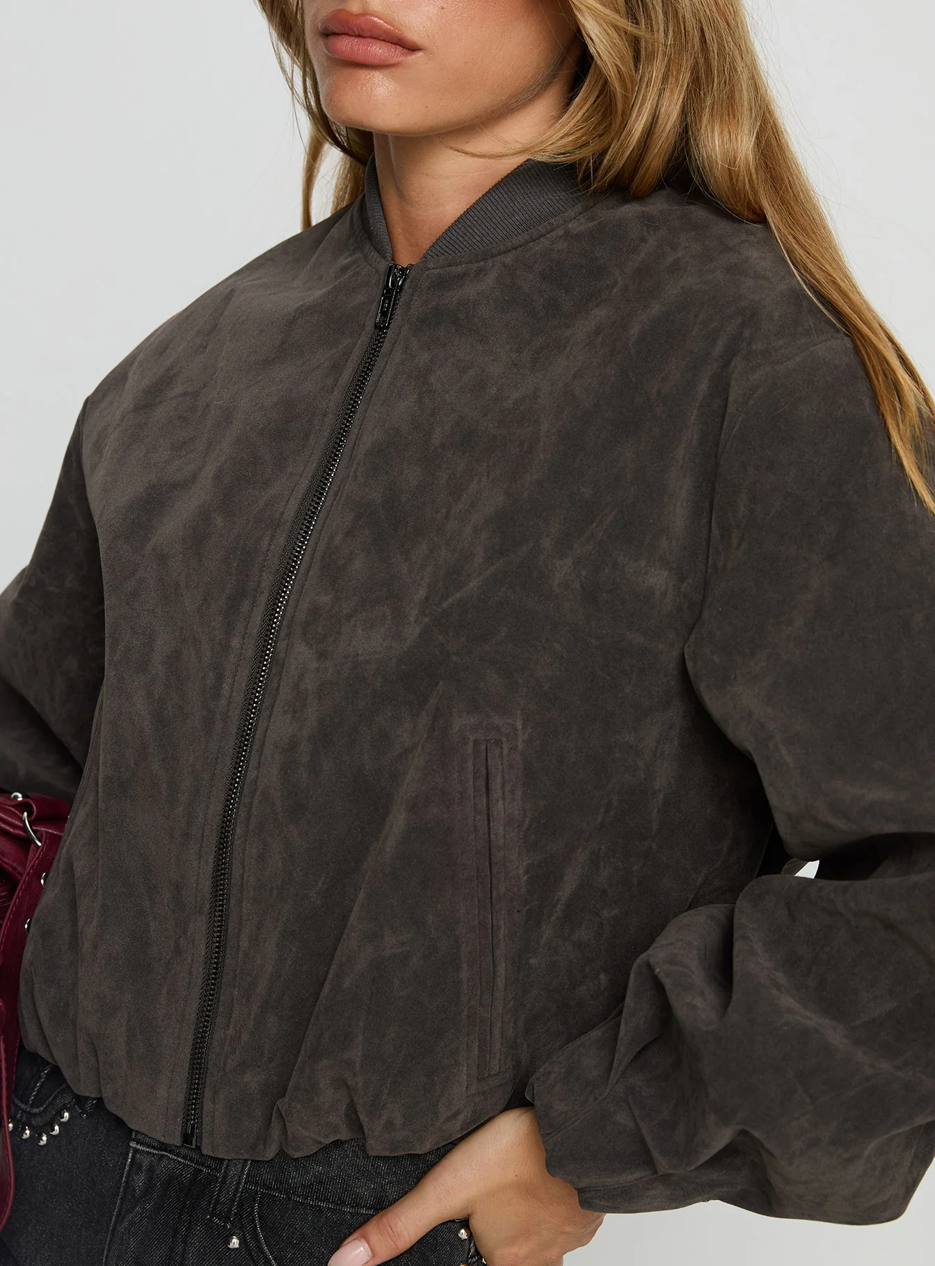 Mastery Faux Suede Bomber Jacket Charcoal