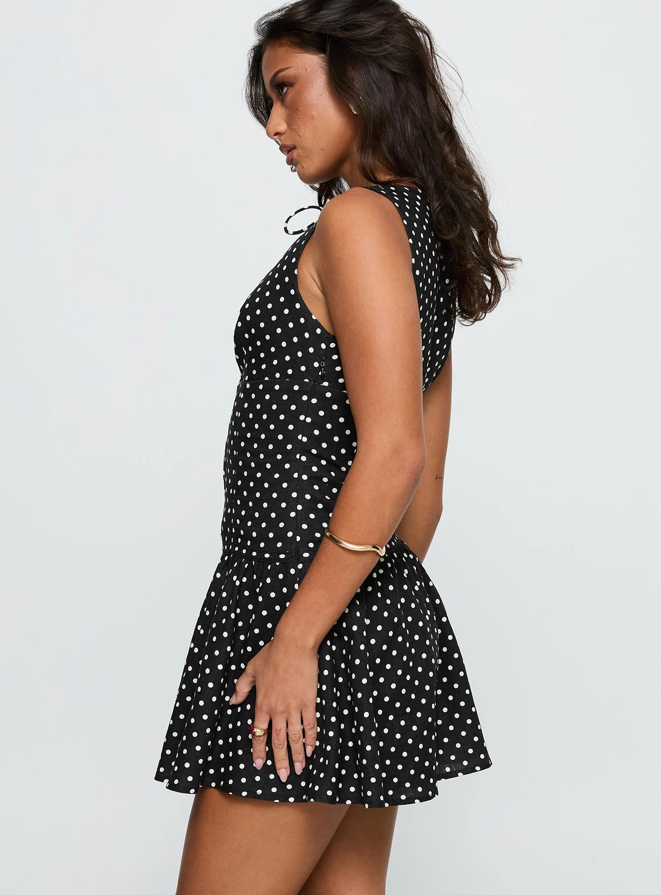 Alissea Keyhole Linen Blend Mini Dress Black Polka