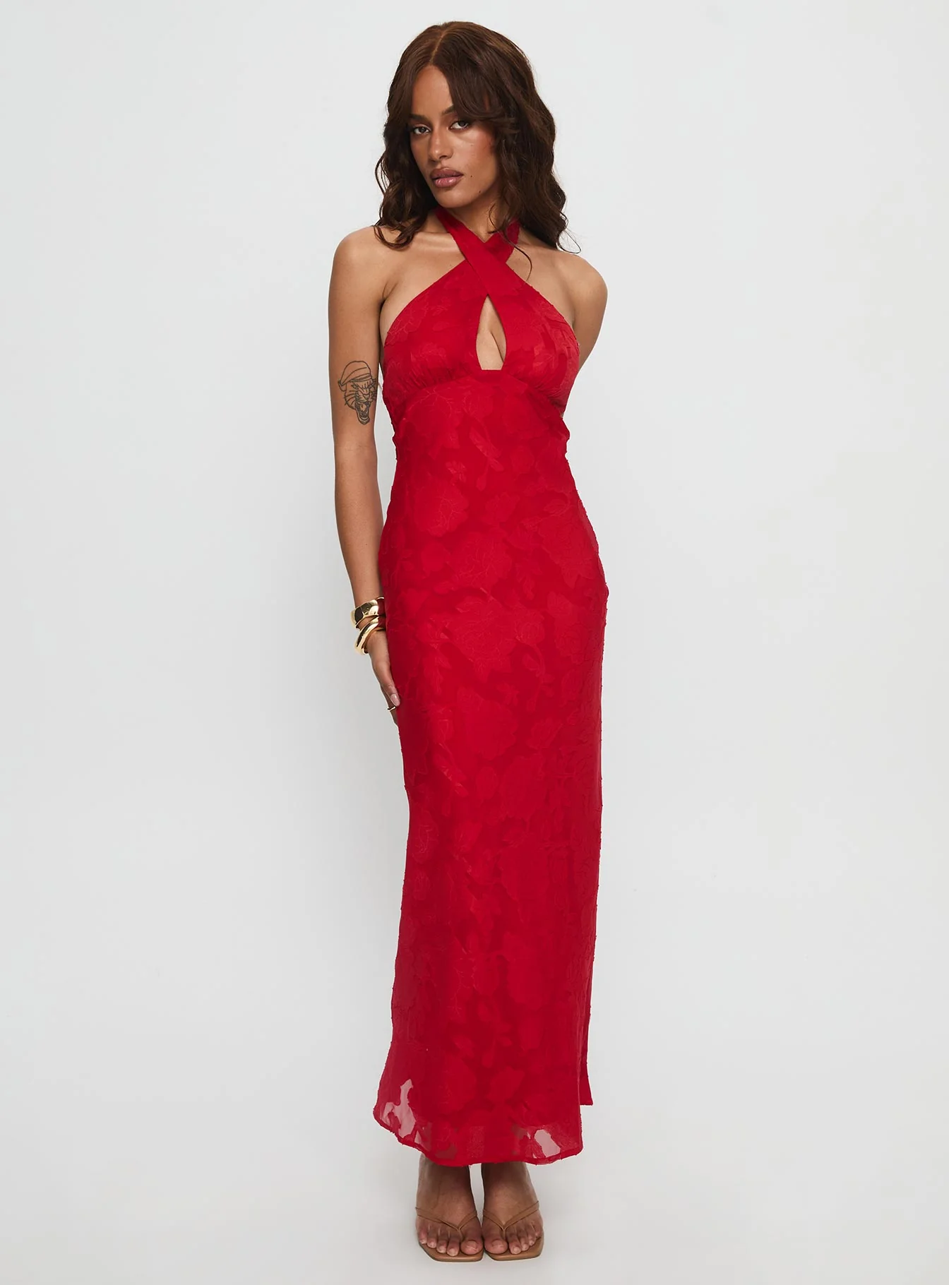 Ending Credits Halter Twist Maxi Dress Red Burnout