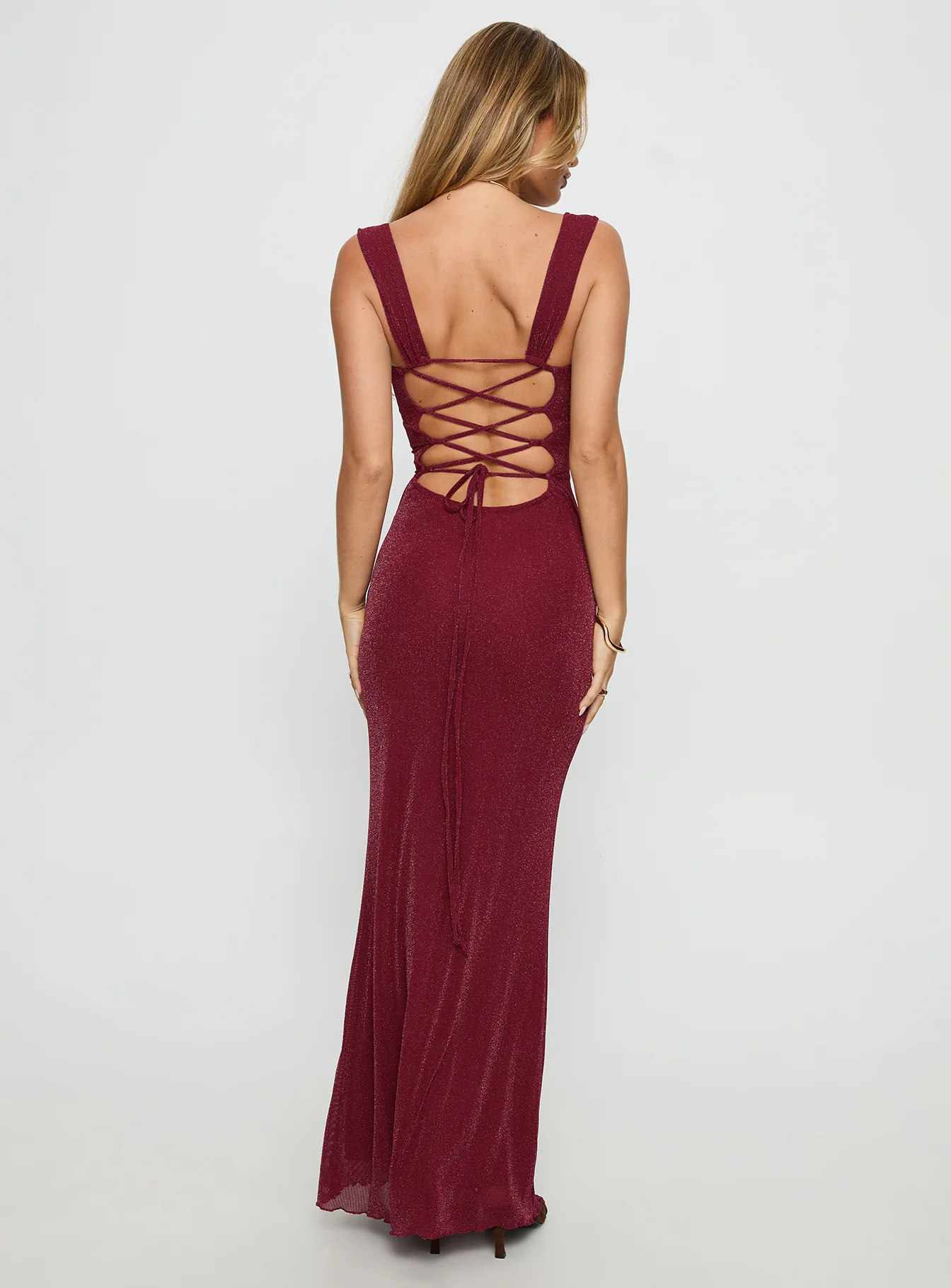 Crisanto Tie Up Ruched Maxi Dress Burgundy
