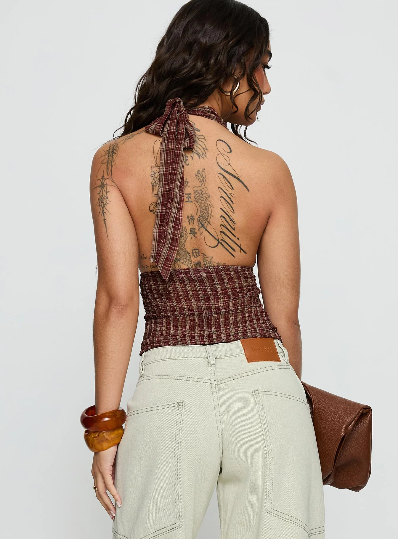 Kendia Plunge Halter Top Red Check