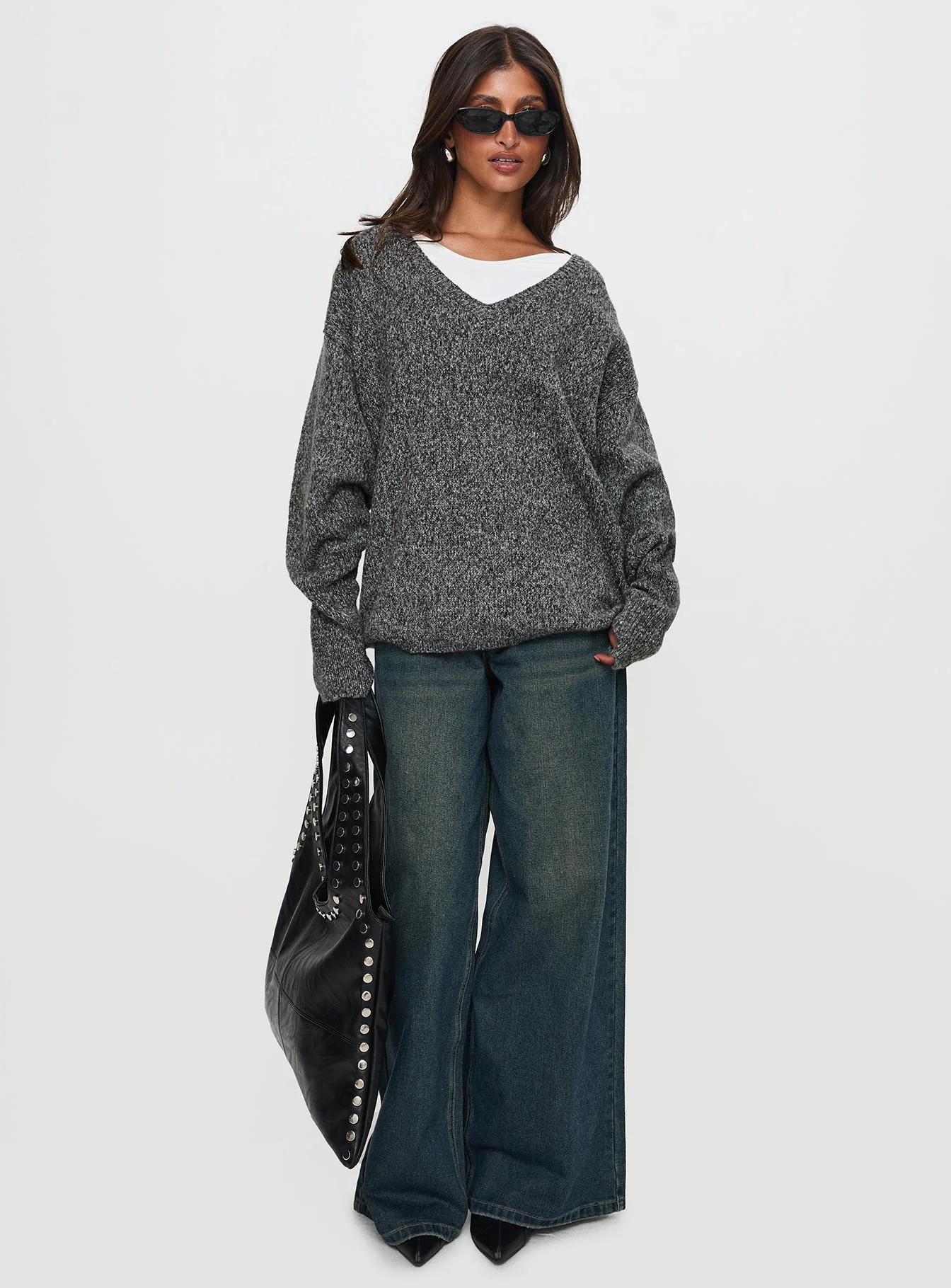 Beyond My Gaze V Neck Knit Sweater Grey