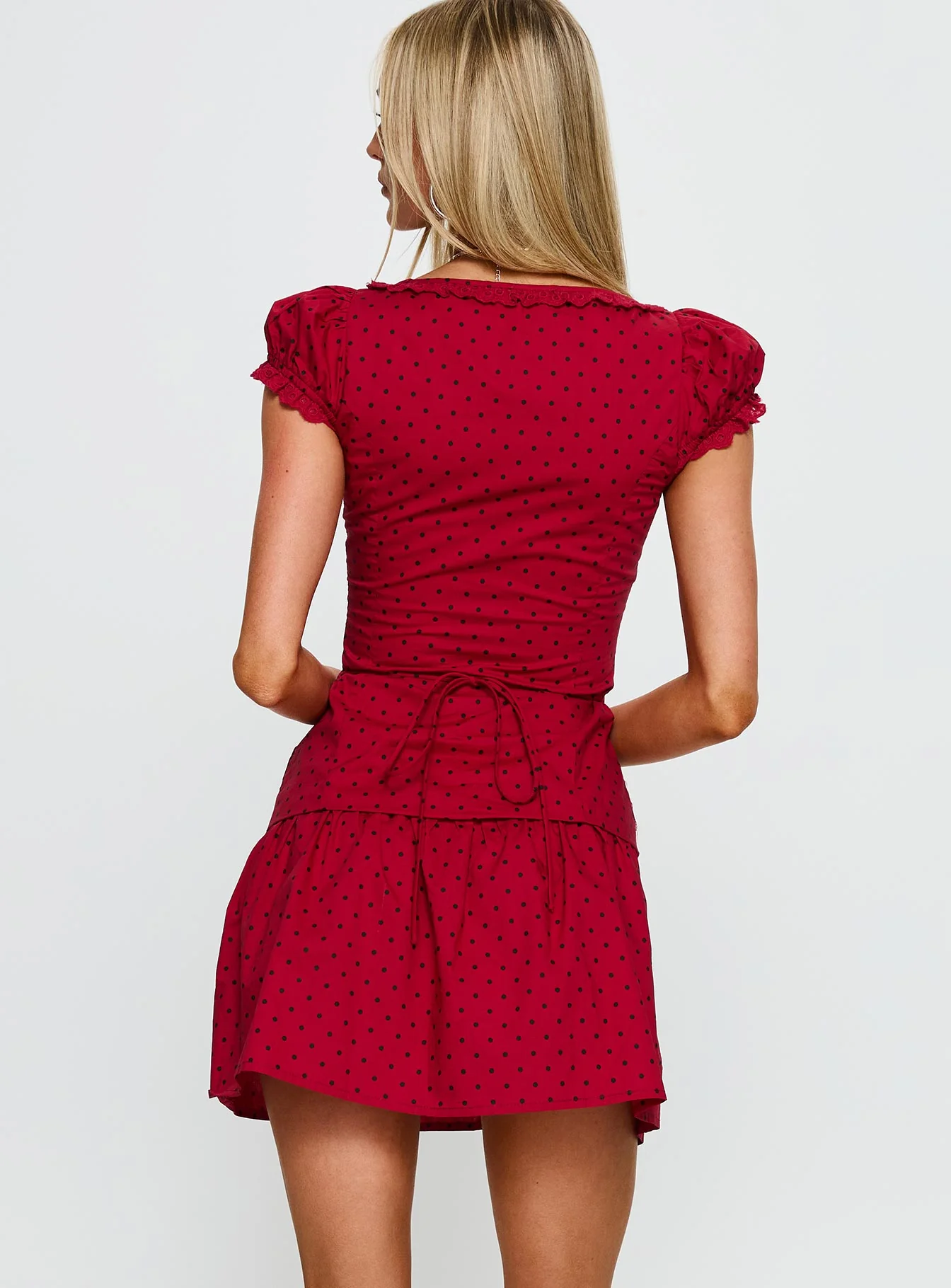 Ottillie Lace Trim Button Down Mini Dress Red Polka Dot