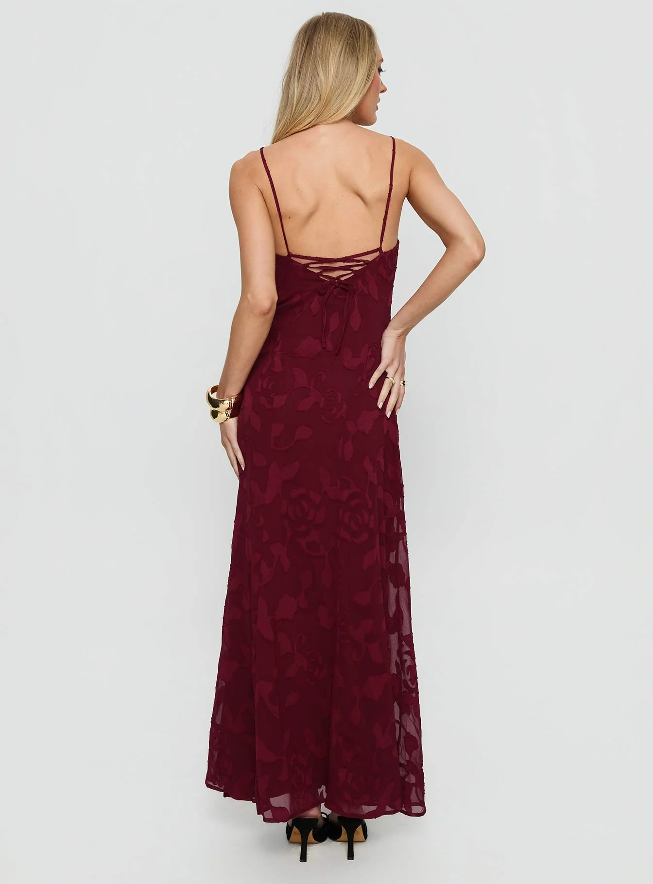 Leading Lady Sweetheart Maxi Dress Red Floral Burnout