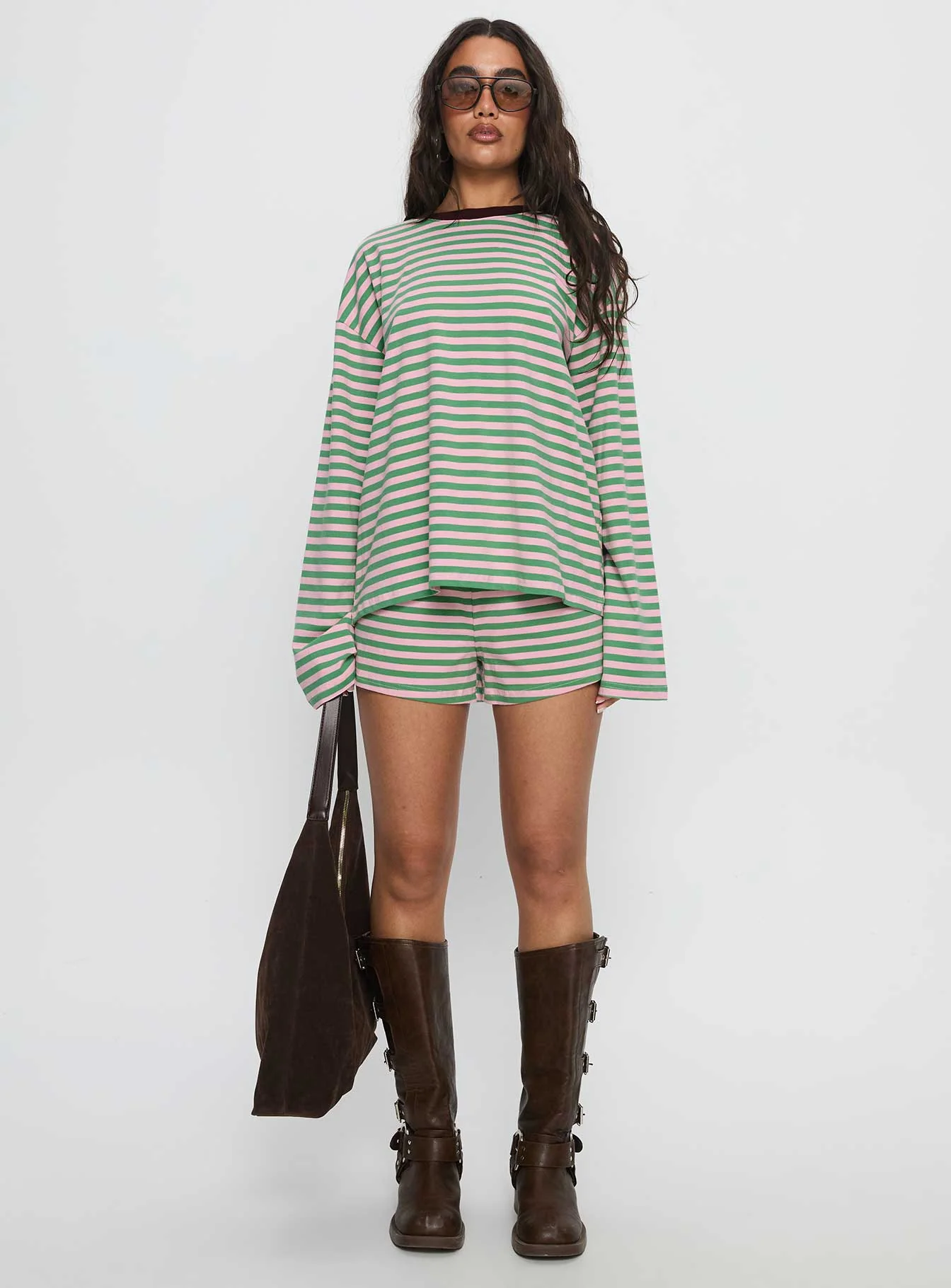 Settle Down Long Sleeve Top Green / Pink Stripe