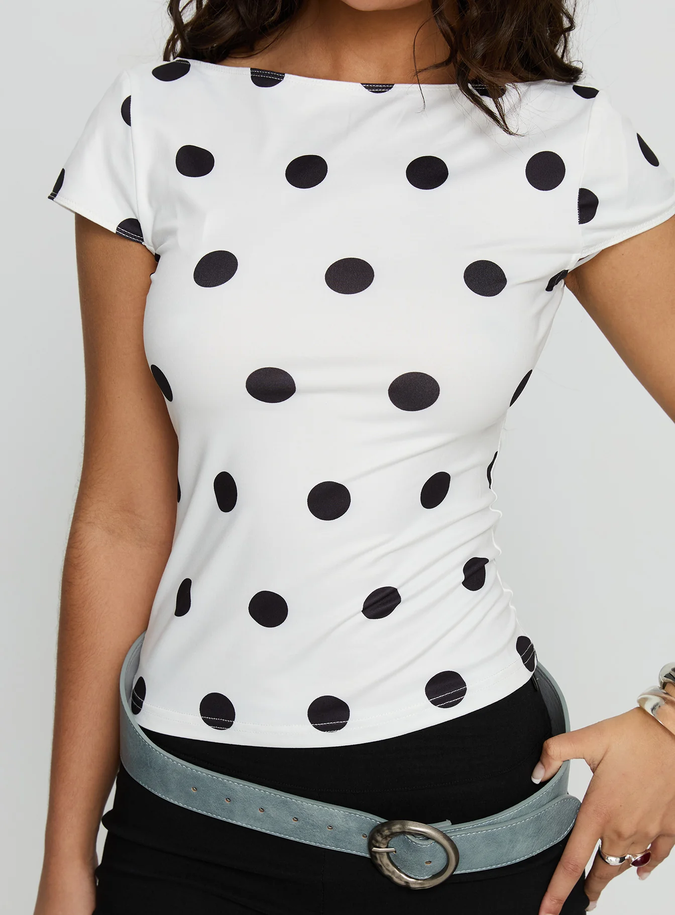 Truthfully Low Back Top White Polka