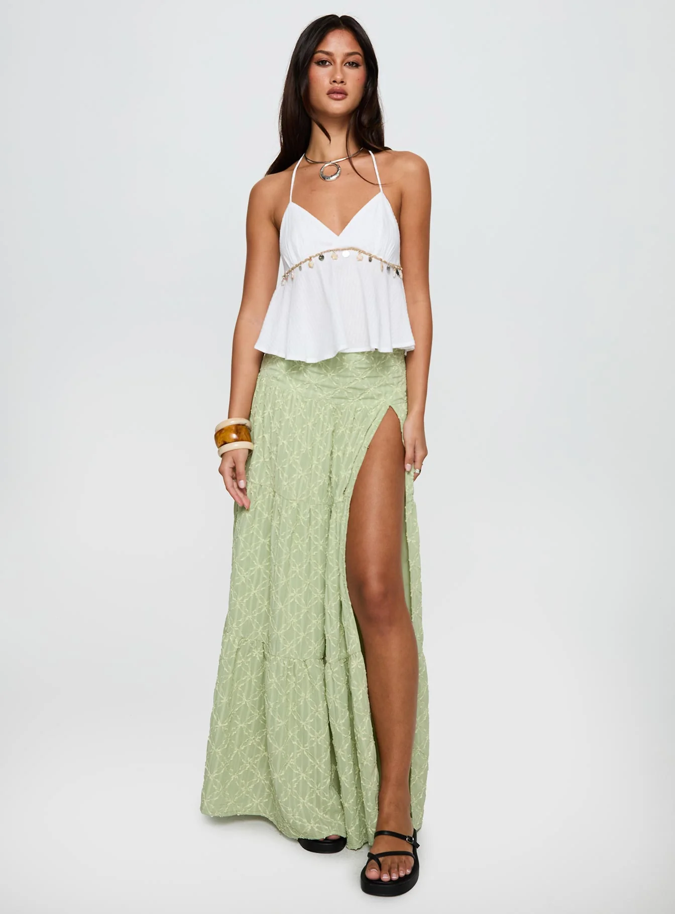 Silver Soul Embroidered Maxi Skirt Sage