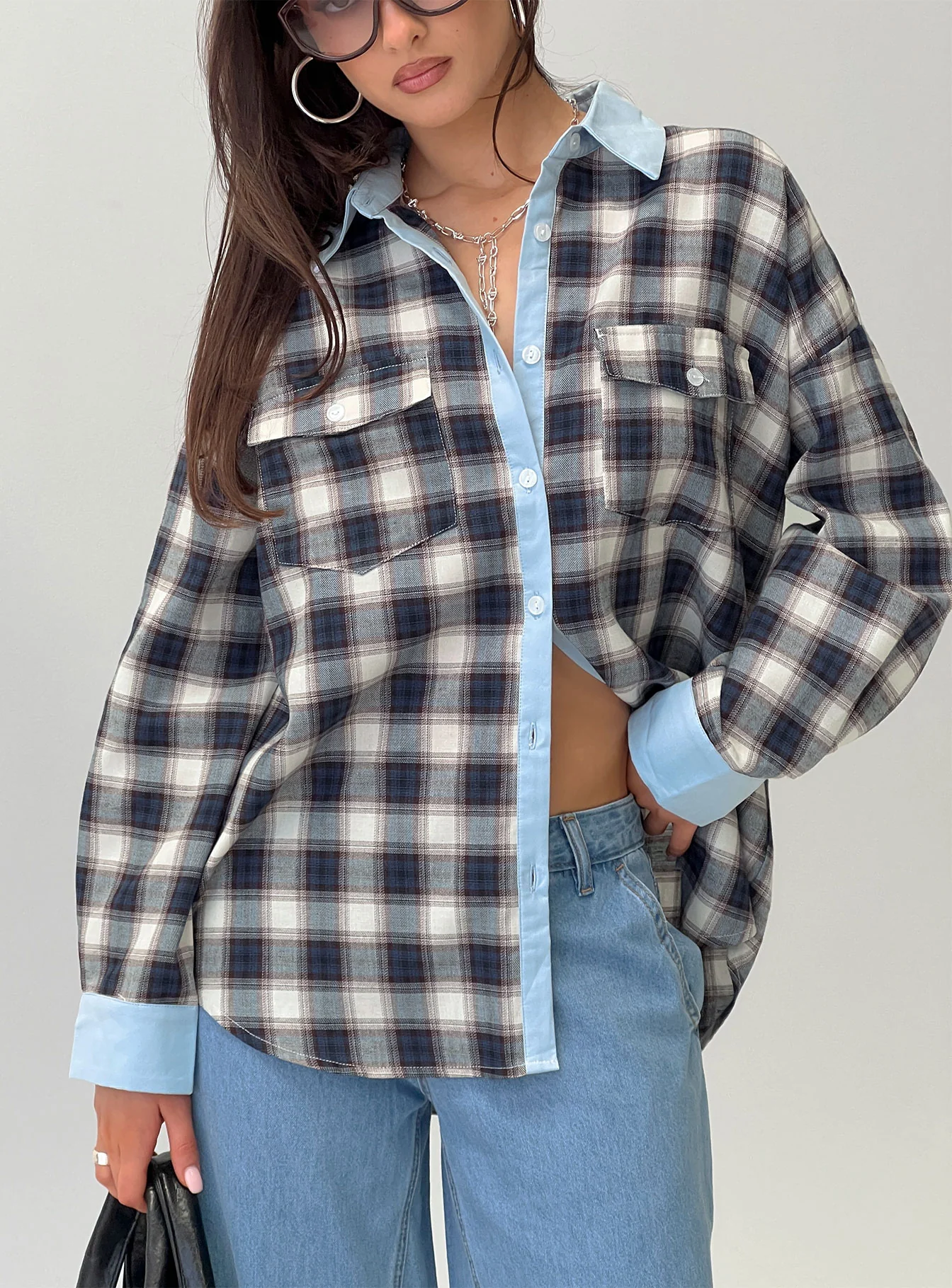 Walda Contrast Flannel Shirt Blue Check