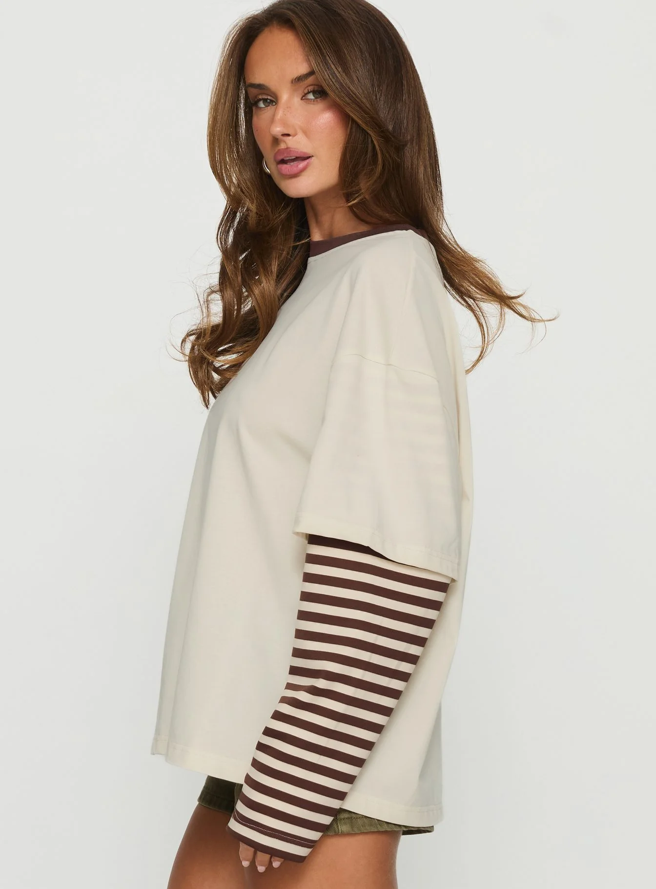 Ryann Long Sleeve Layered Top Cream / Brown Stripe