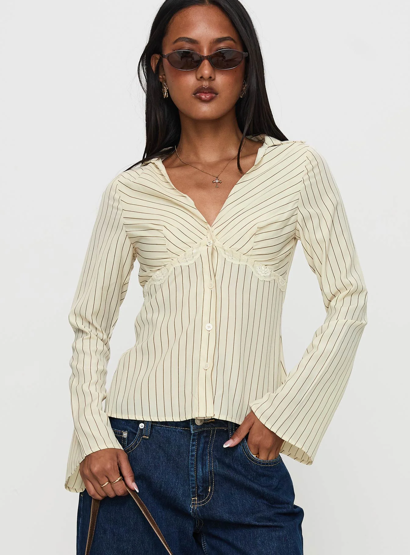 Life Begins Long Sleeve Lace Trim Top Cream Stripe