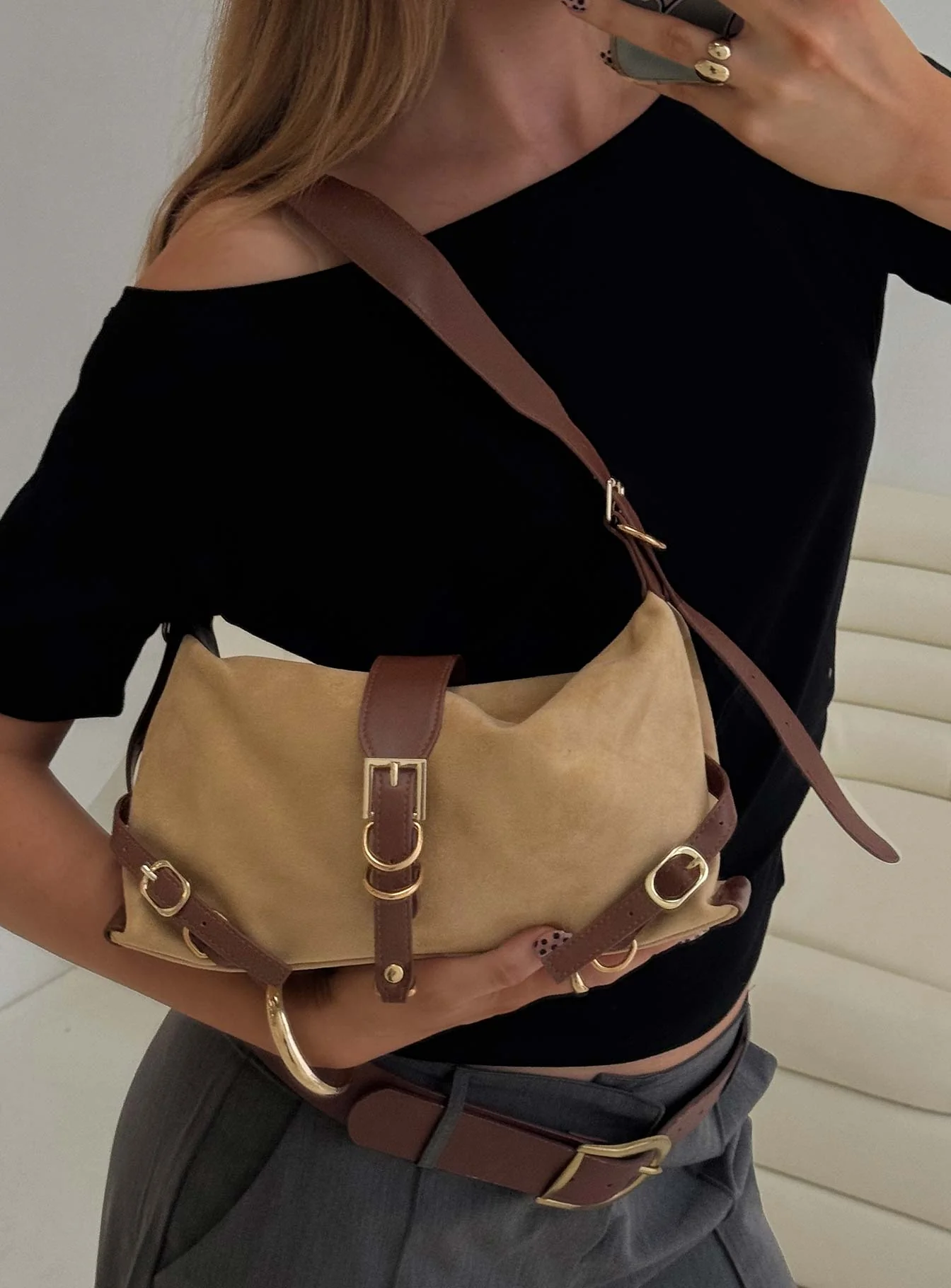 Anatolius Faux Suede Shoulder Bag Brown