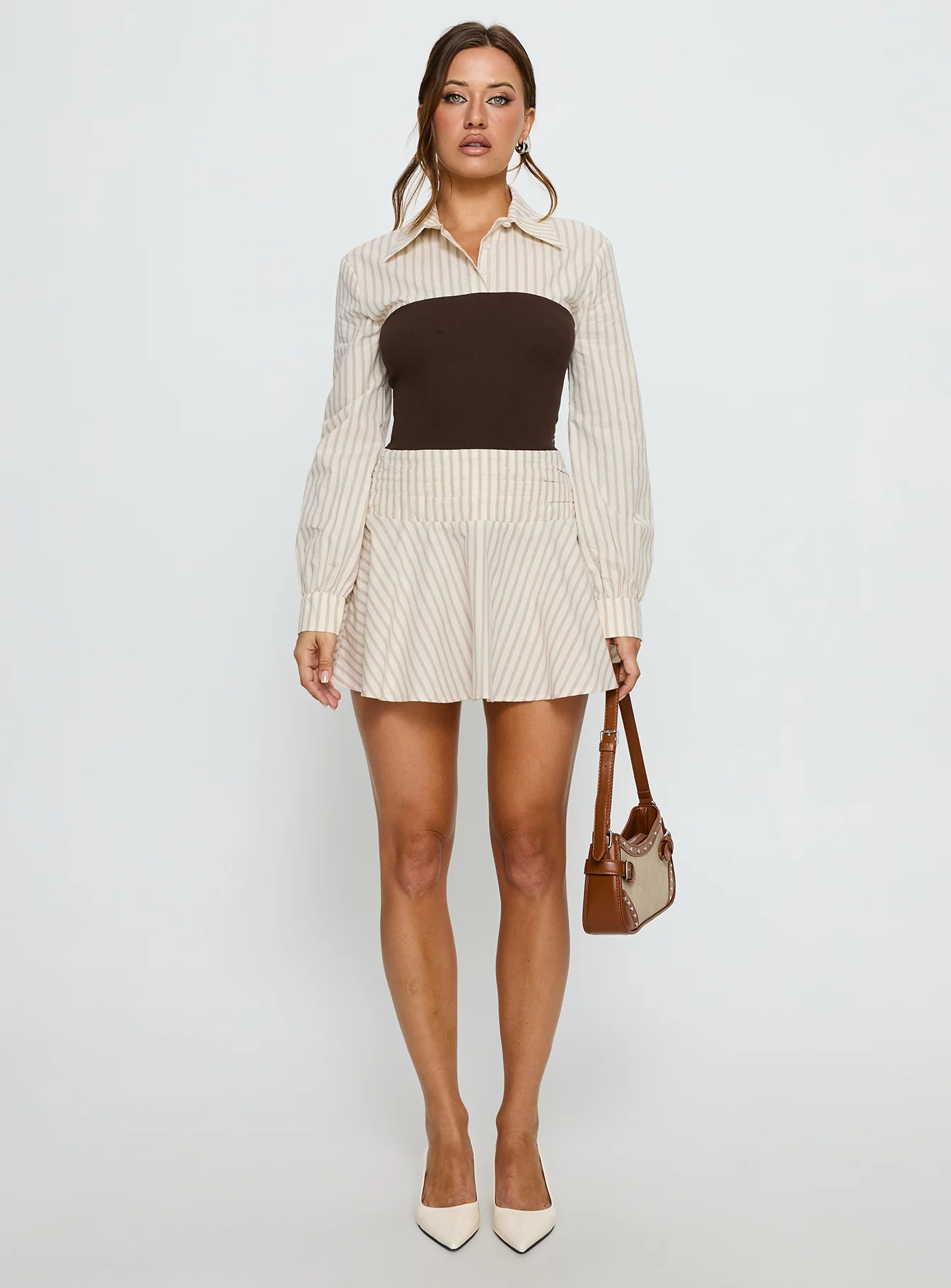 Belva Long Sleeve Corset Shirt Mini Dress Brown Stripe