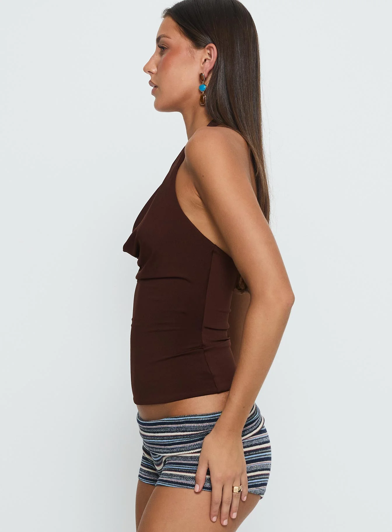 Yazmeen Cowl Neck Hardware Detail Top Chocolate