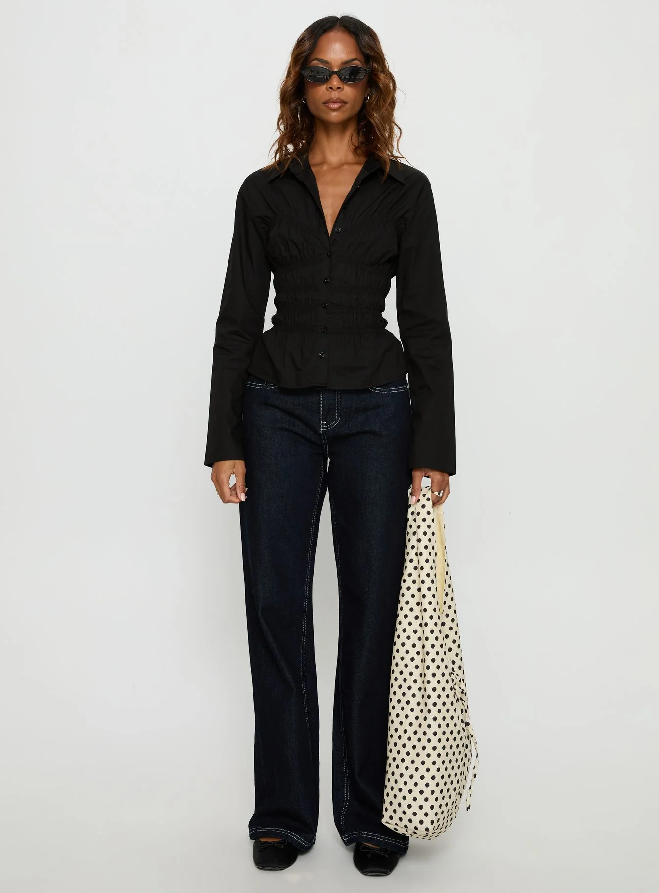 Liesel Shirred Long Sleeve Top Black