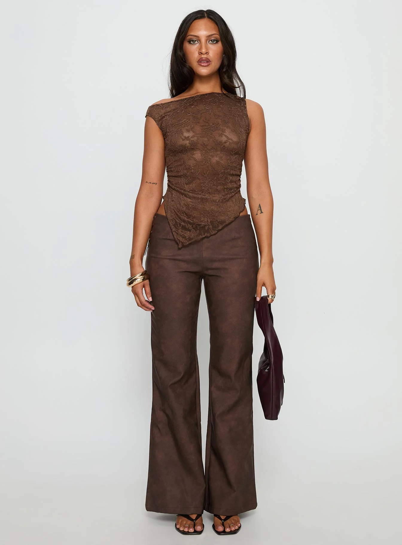 Decia One Shoulder Lace Top Brown